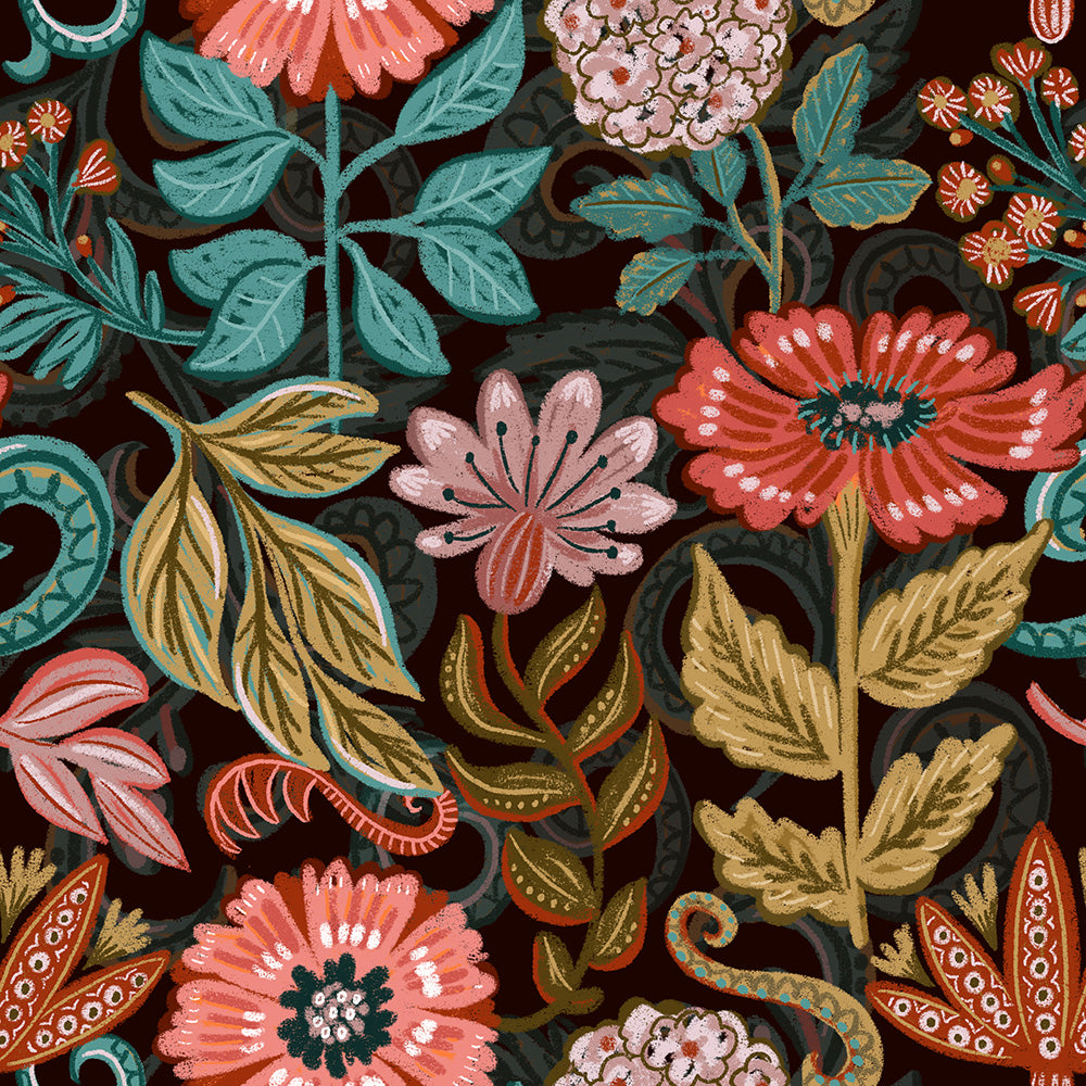 HaokHome Vintage Floral Wallpaper with Hand-Painted Botanical Design – Dark Brown Background Wall Mural for Living Room & Bedroom