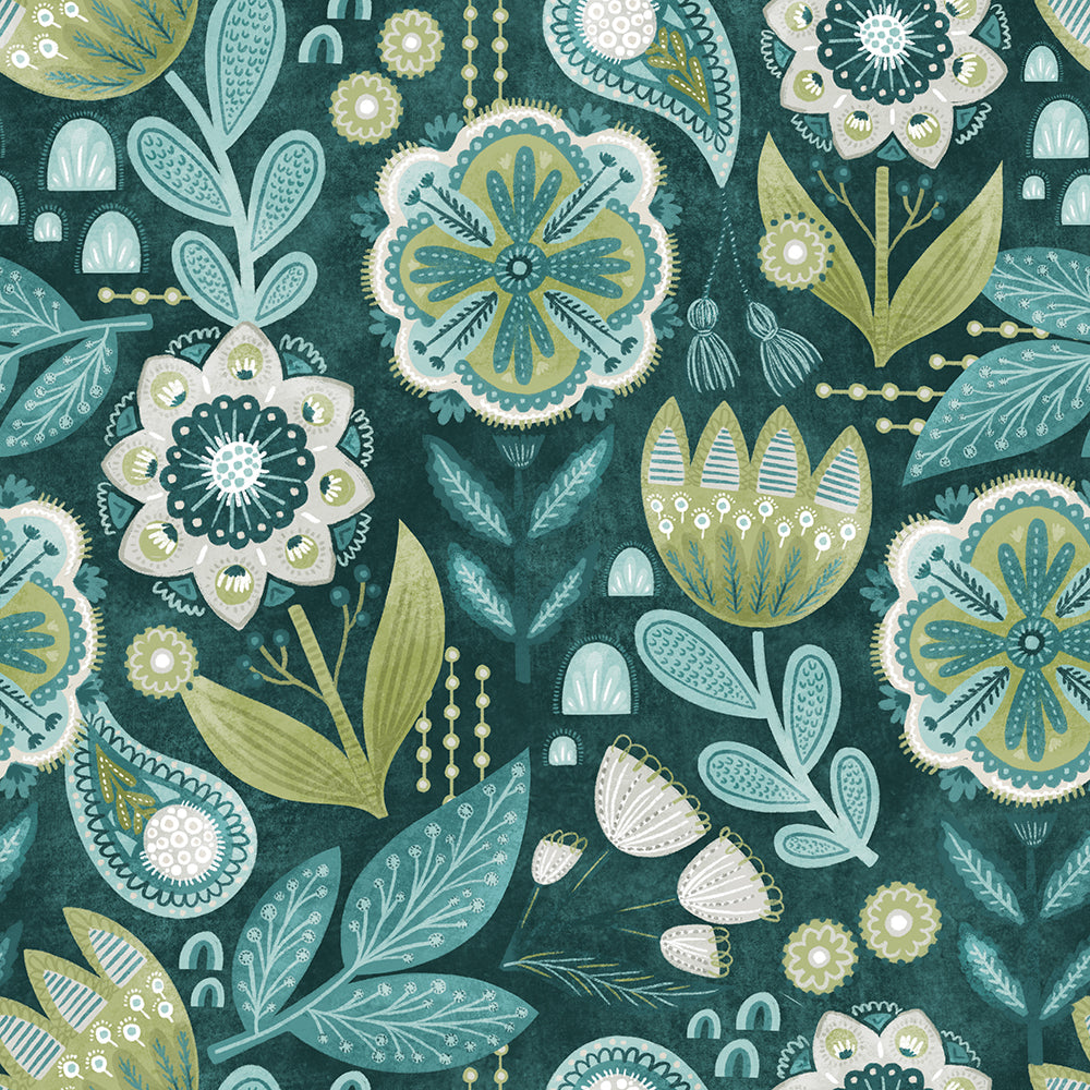 HaokHome Floral Wallpaper with Dark Teal Background – Green and White Flowers for Living Room & Bedroom