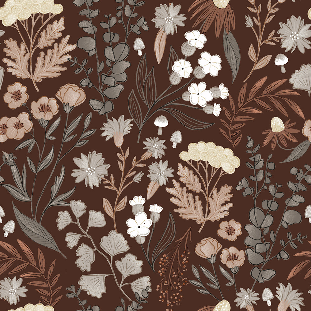 HaokHome Floral Wallpaper with Dark Brown Background – Soft Pastel Flowers and Foliage for Living Room & Bedroom