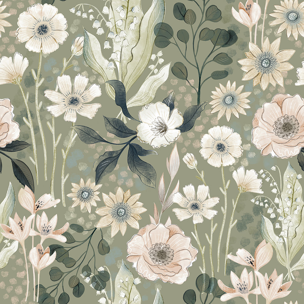 HaokHome Peel and Stick Botanical Floral Wallpaper Green Beige Wall Mural Removable Wall Decor for Bedroom Living Room