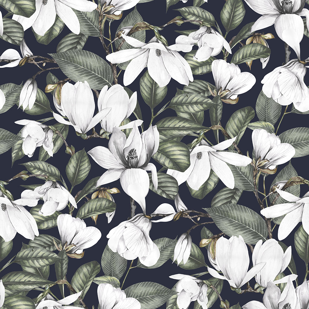 HaokHome Magnolia Floral Wallpaper – Elegant White Magnolia Flowers on Dark Background
