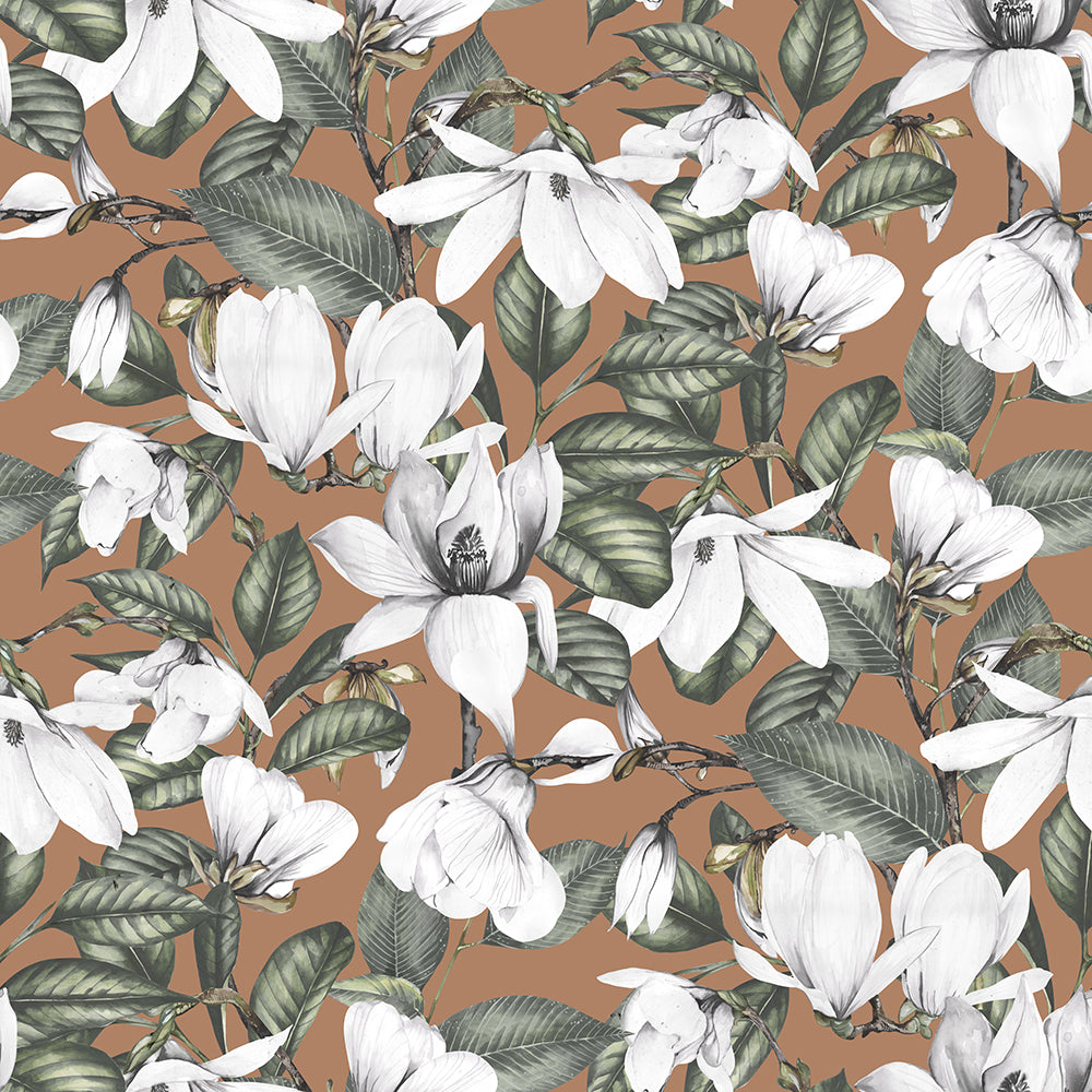 HaokHome Magnolia Floral Wallpaper – White Magnolias with Green Leaves on Warm Terracotta Background