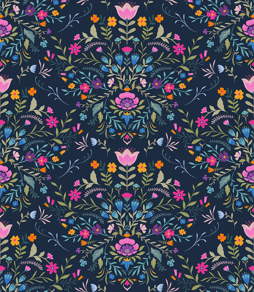 HaokHome Peel and Stick Folk Floral Wallpaper – Dark Blue Boho Removable Mural with Colorful Vintage Flowers for Living Room or Bedroom