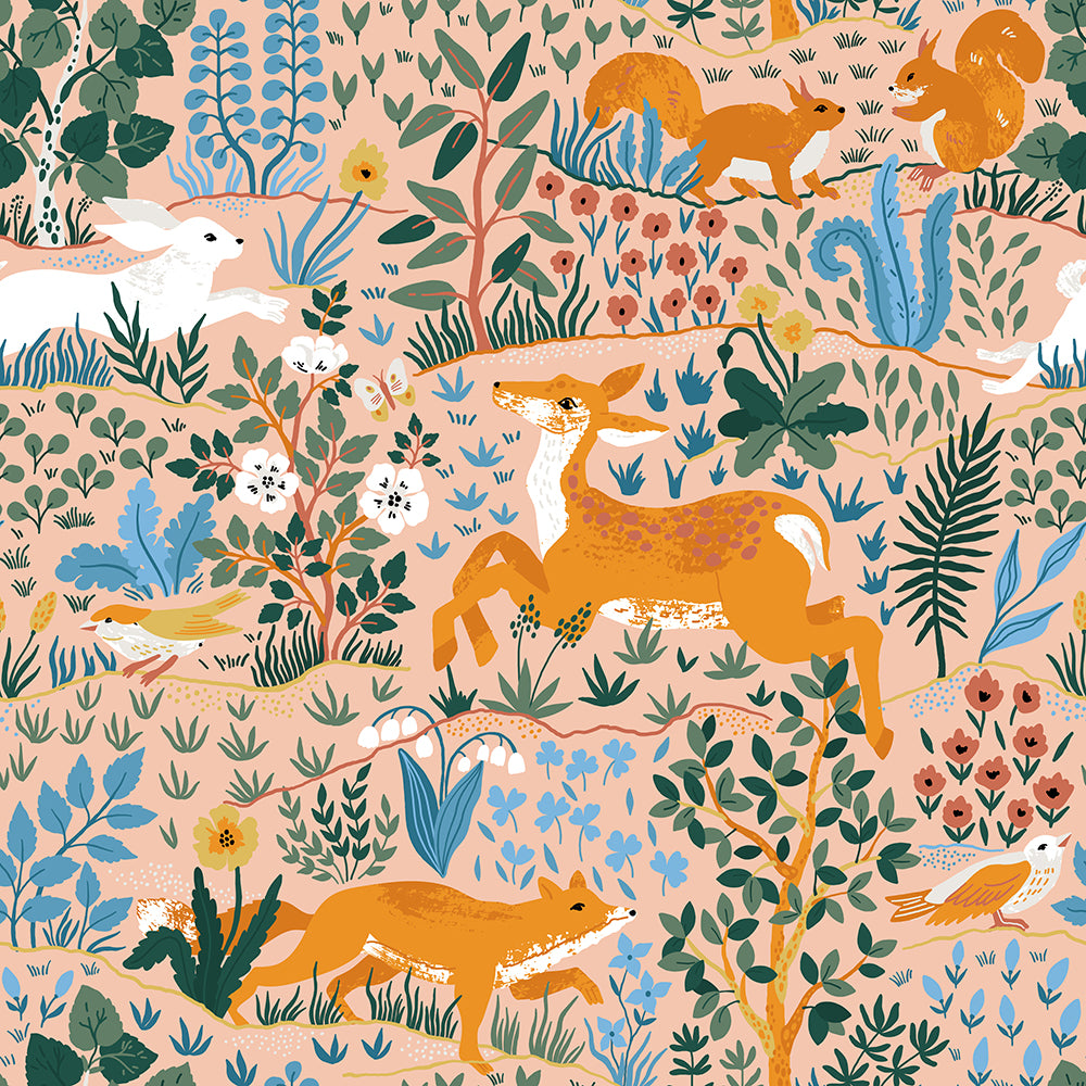 HaokHome Pink Forest Animal Wallpaper with Deer, Rabbit, Fox, Squirrel, Birds and Flowers – Whimsical Woodland Mural for Kids Room