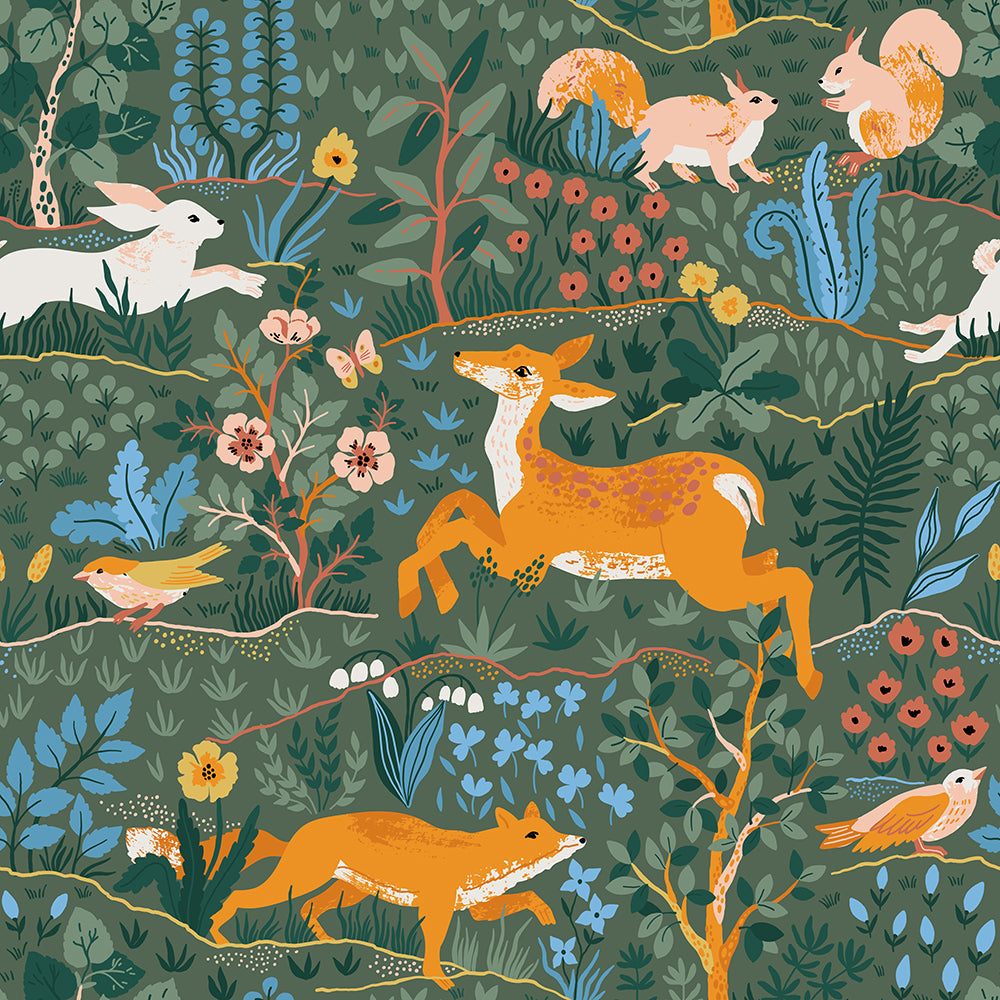 HaokHome Green Woodland Wallpaper with Deer, Fox, Rabbit, Squirrel, Birds and Flowers – Illustrated Forest Mural for Nature-Inspired Interiors