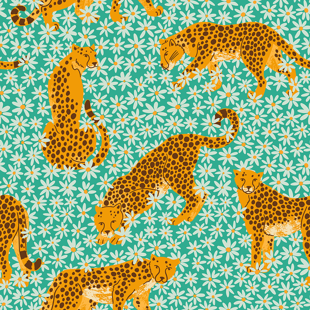 HaokHome Leopard and Flower Wallpaper – Hand-Drawn Cheetahs with Daisies on Green Background for Living Room & Bedroom