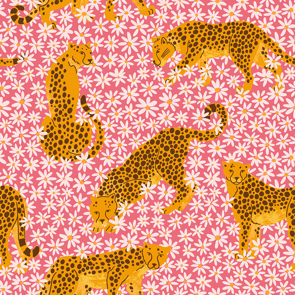 HaokHome Leopard and Flower Wallpaper – Hand-Drawn Cheetahs with Daisies on Pink Background for Kids Room & Nursery