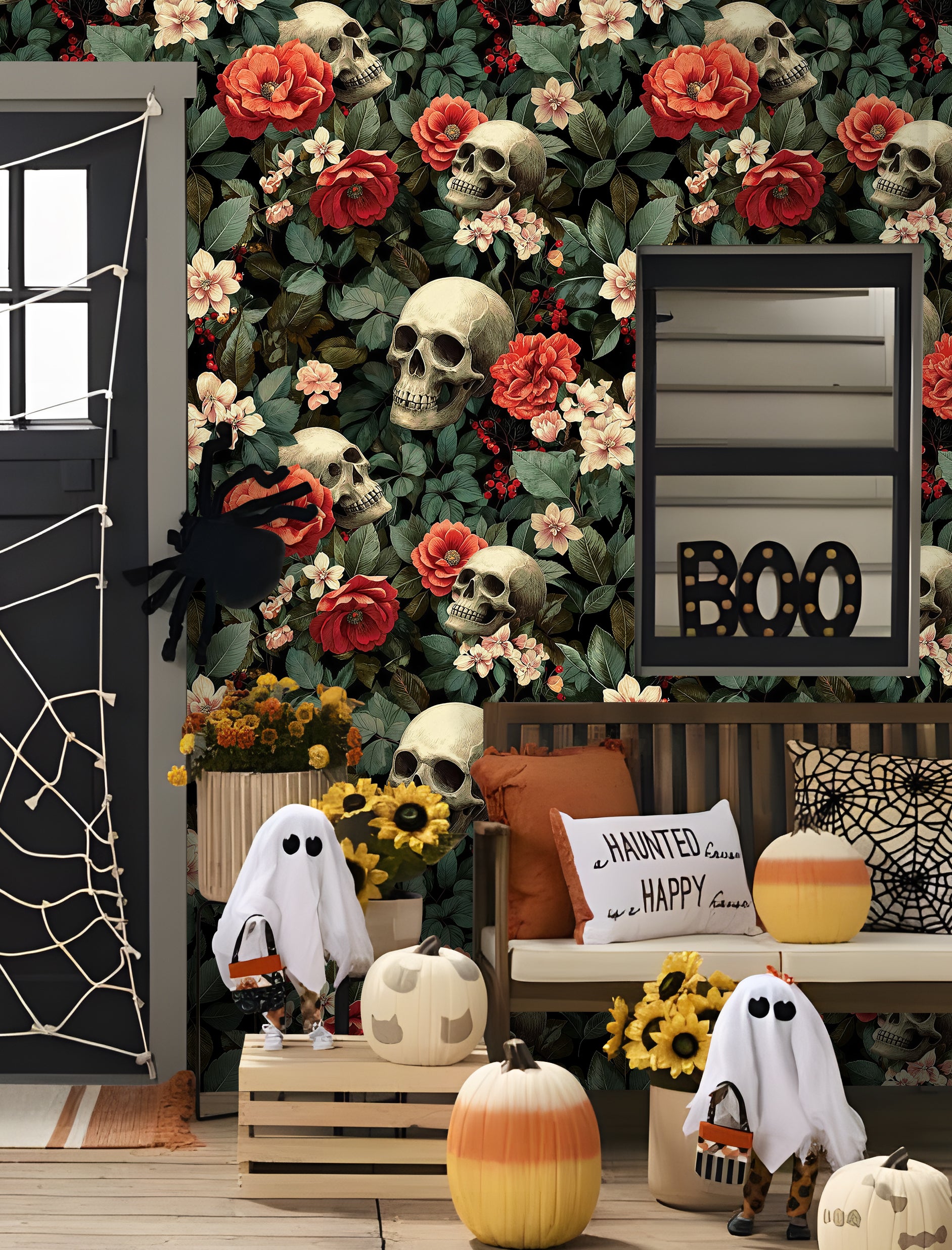 Skull Floral Wallpaper – Dark Gothic Moody Botanical Print