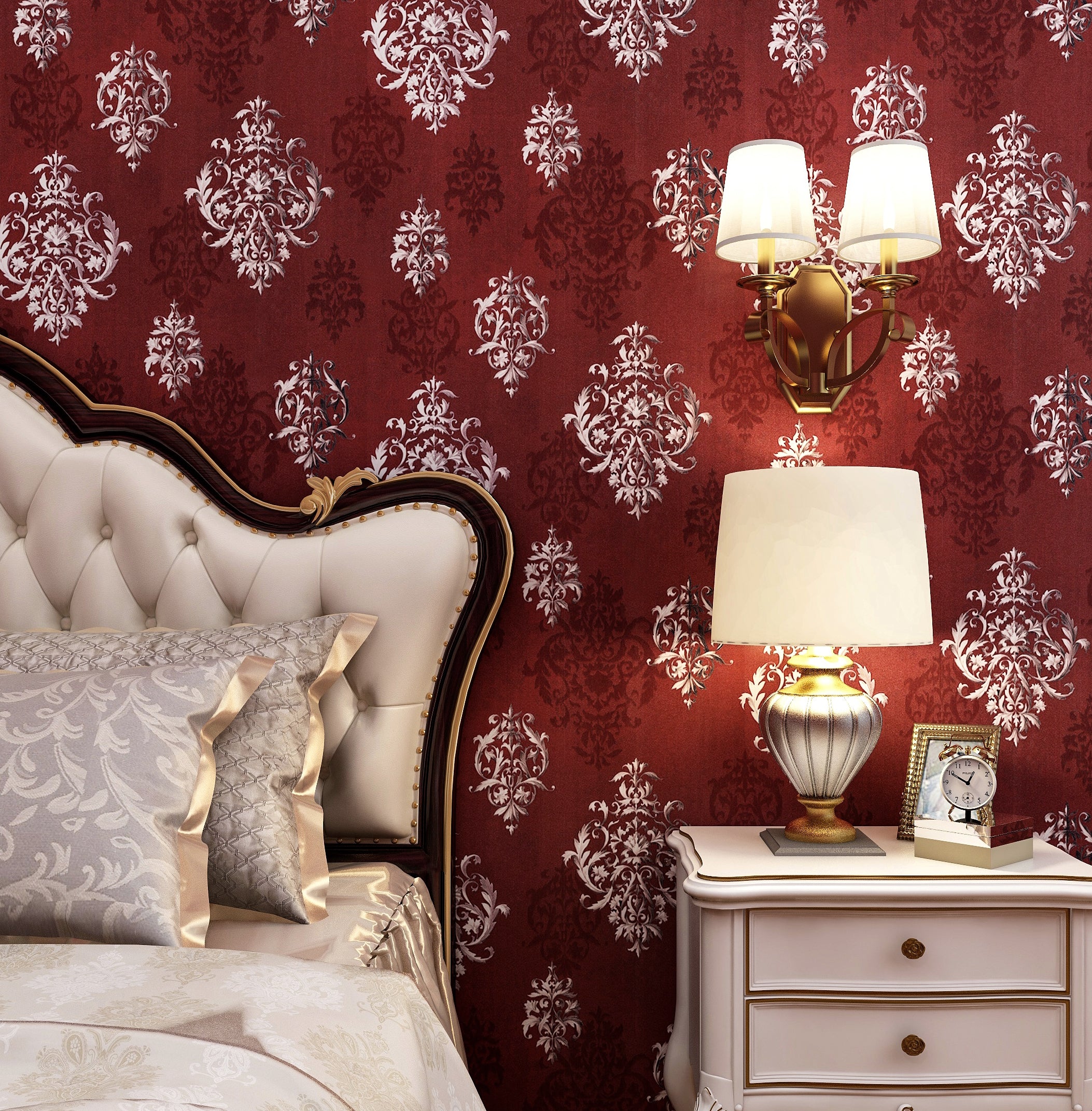 HaokHome Vintage Damask Wallpaper Peel and Stick Red Vinyl Wallpaper