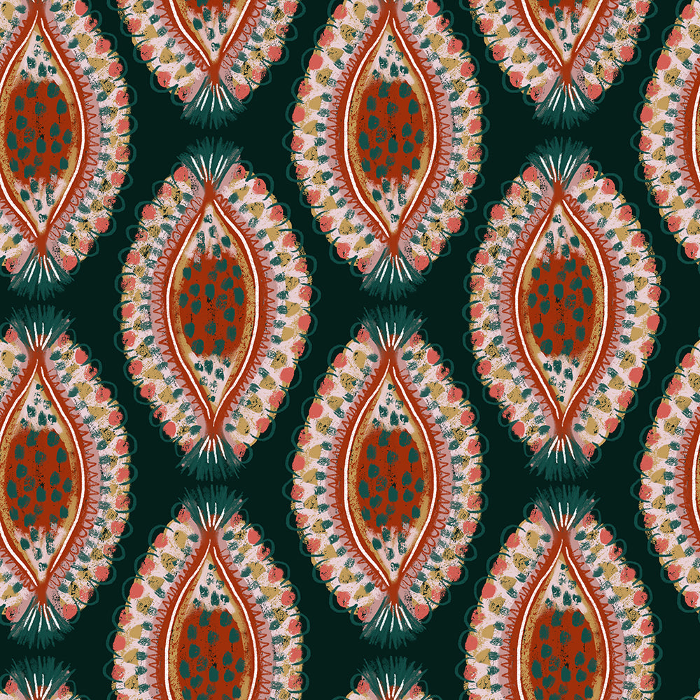 HaokHome Boho Luxe Wallpaper – Hand-Painted Petal Motif in Deep Forest Green