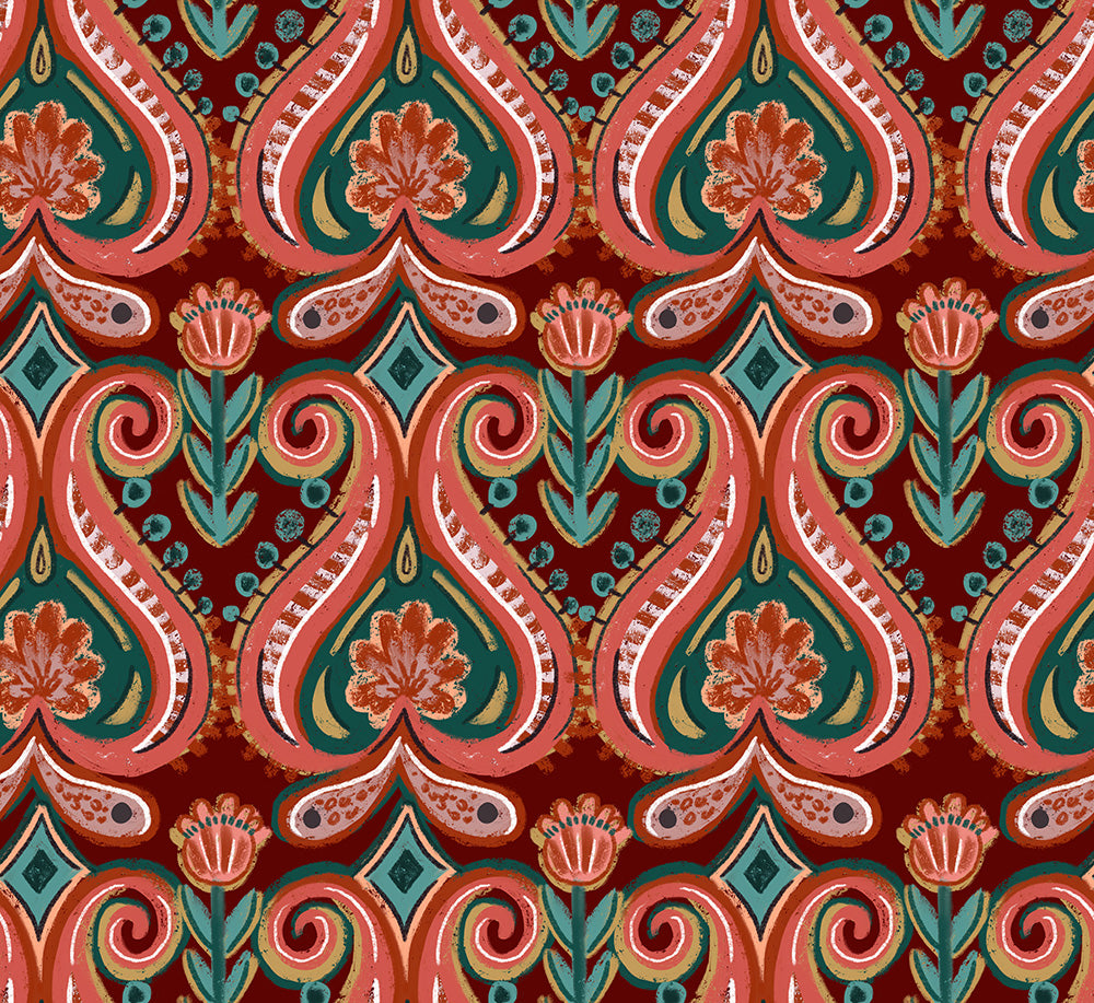 HaokHome Boho Floral Wallpaper – Rich Red Paisley & Floral Design for Bold Living Room & Bedroom