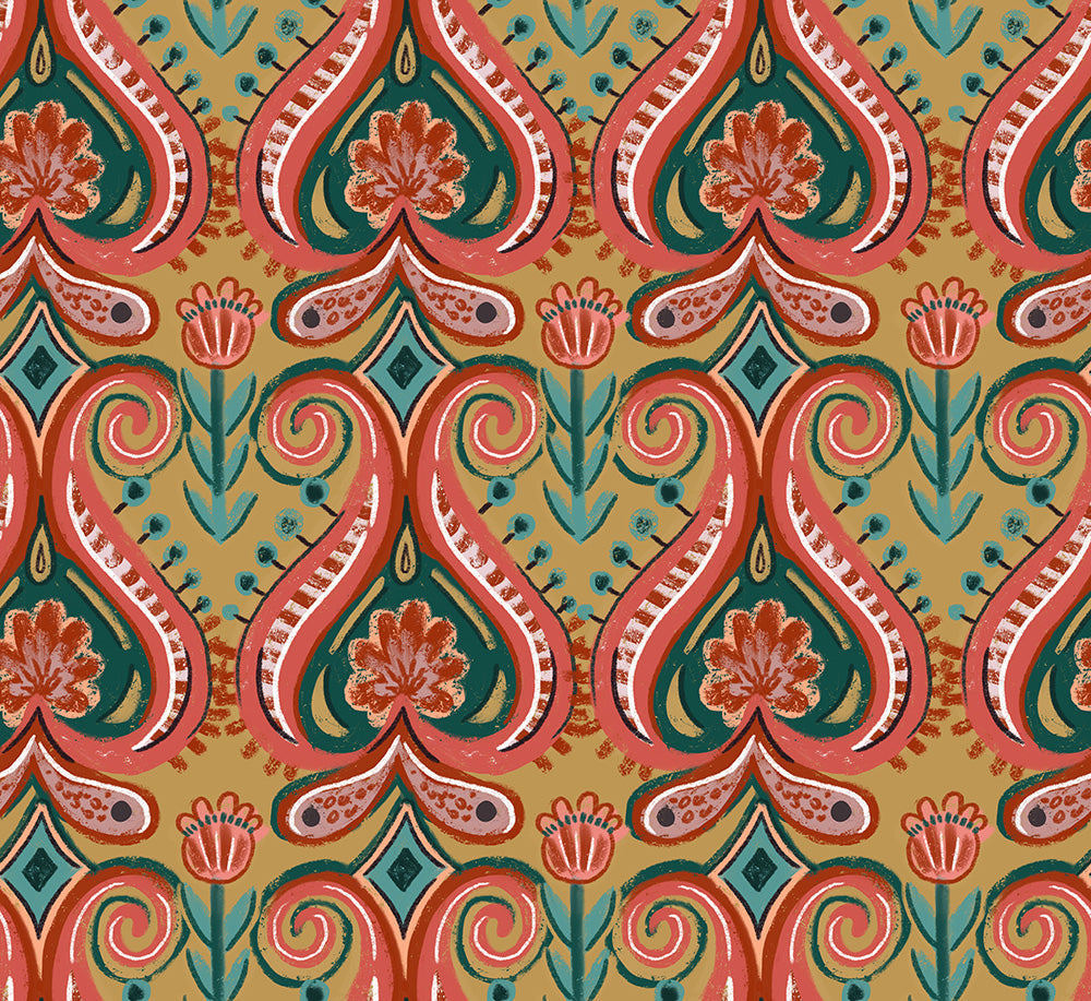 HaokHome Boho Floral Wallpaper – Earthy Yellow Paisley & Floral Design for Modern Living Room & Bedroom