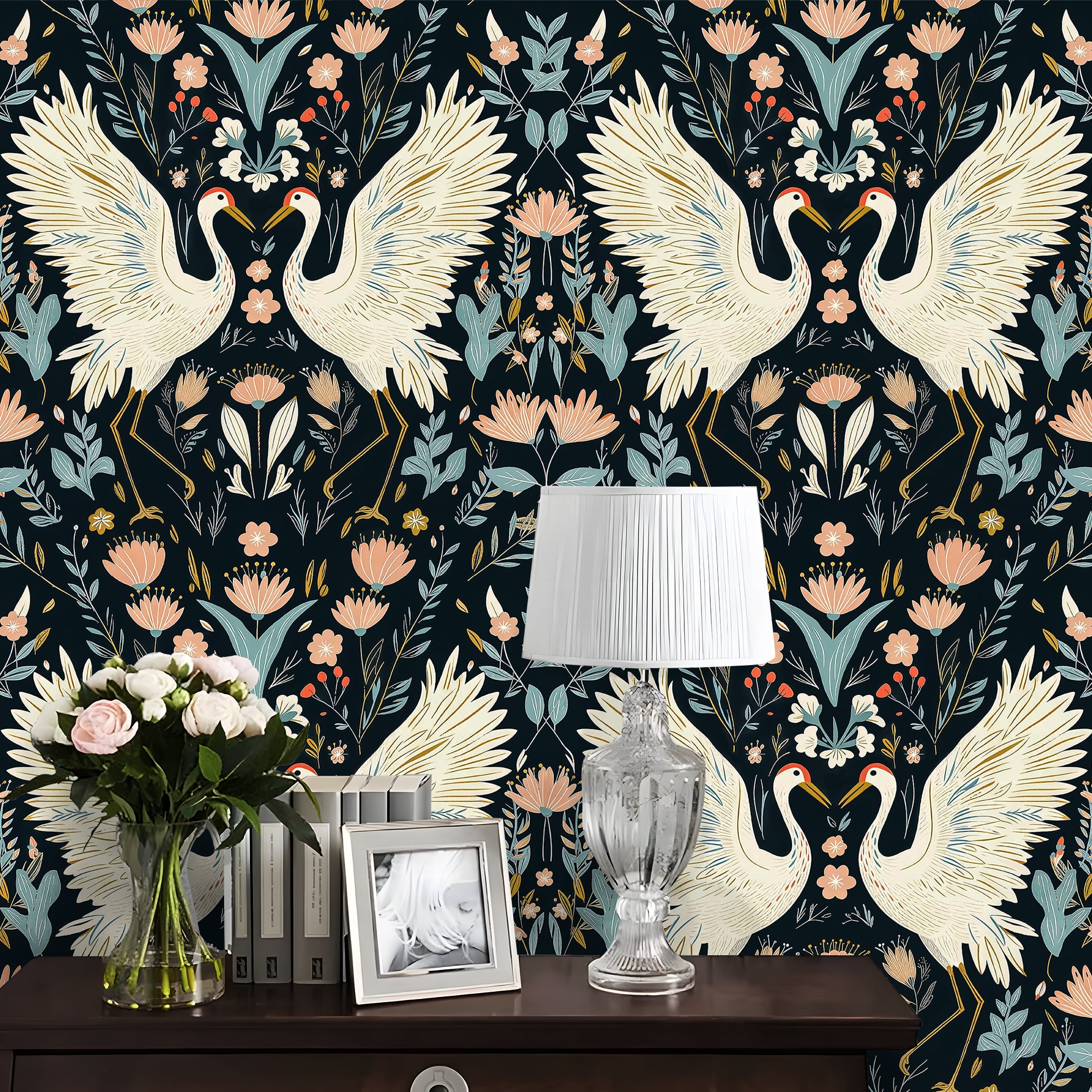 HaokHome Peel and Stick Wallpaper Chinoiserie Crane Floral Botanical Wall Mural Removable Self Adhesive Dark Vintage Wallpaper