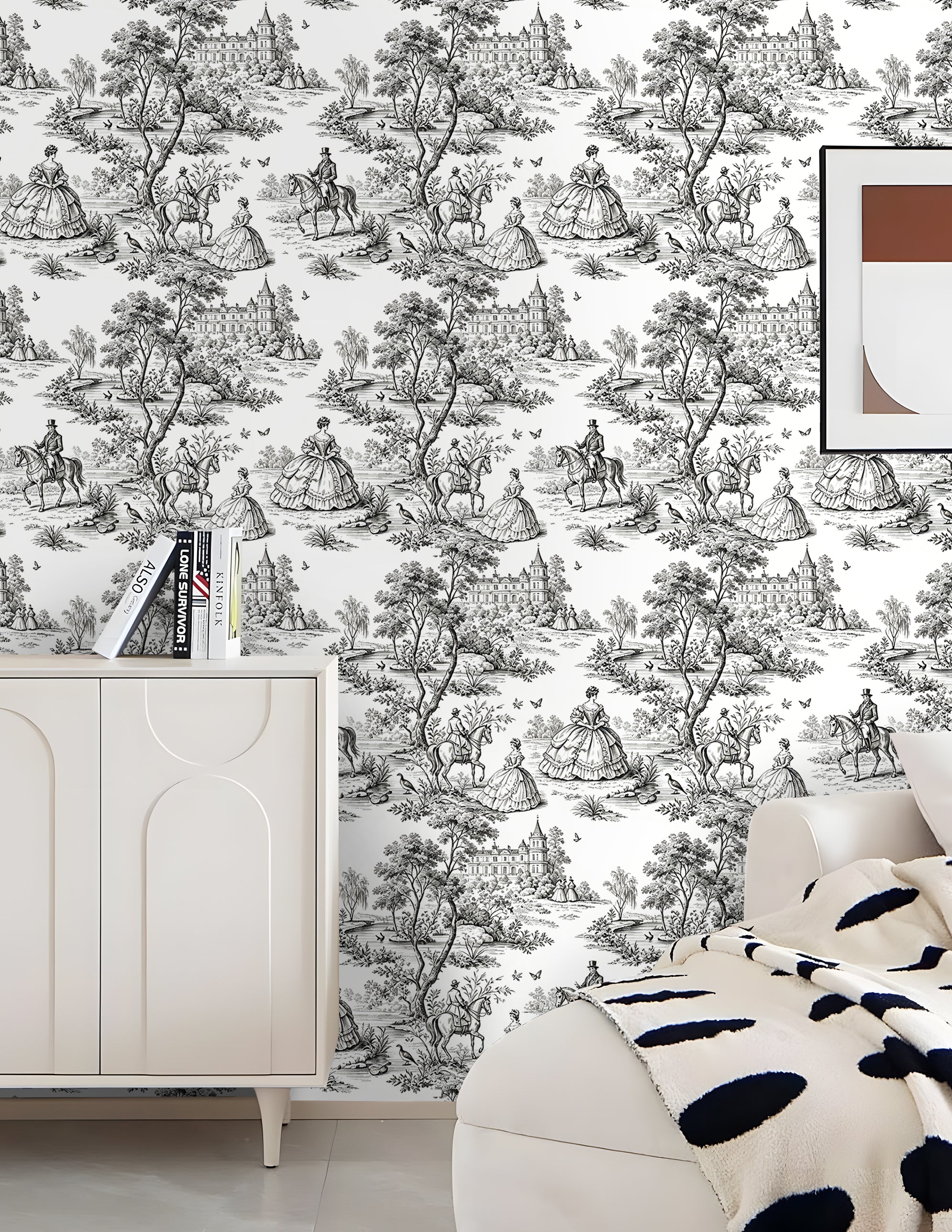HaokHome Neutral Toile de Jouy Peel and Stick Wallpaper, Black & White Vintage French Scenic Removable Self Adhesive Wallpaper