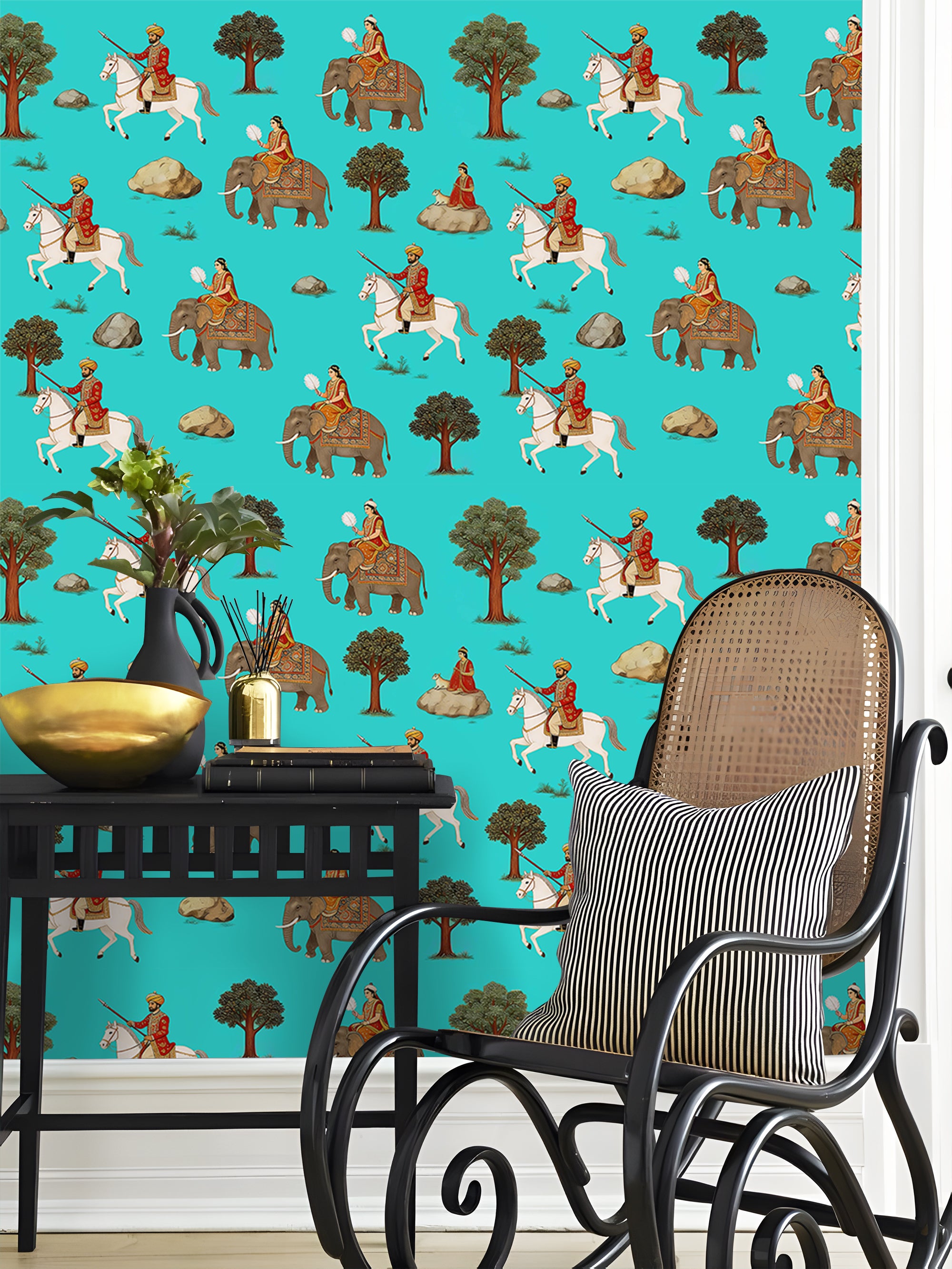 HaokHome Peel and Stick Wallpaper Vintage Indian Mughal Court Style with Horse and Elephant Figures Exotic Ethnic Botanical Removable Self Adhesive Wallpaper for Living Room & Bedroom