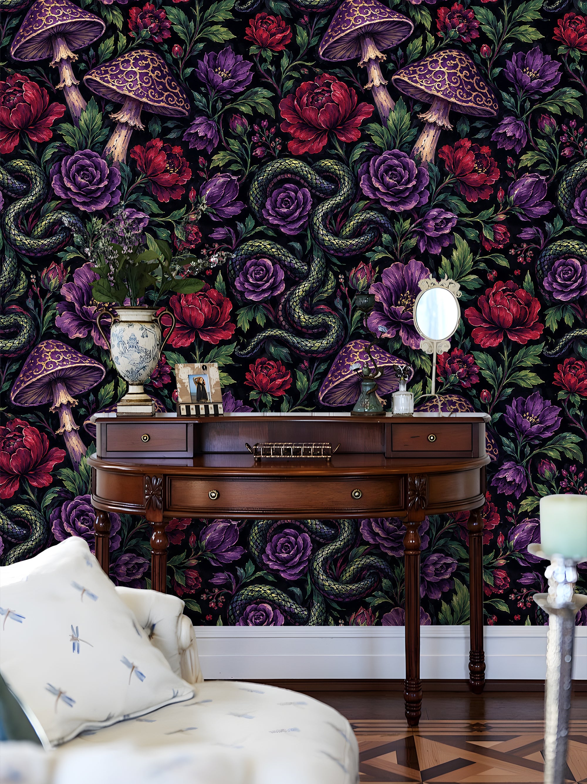 HaokHome Peel and Stick Wallpaper Dark Purple Rose Mushroom Snake Wall Mural Removable Self Adhesive Gothic Botanical Wallpaper