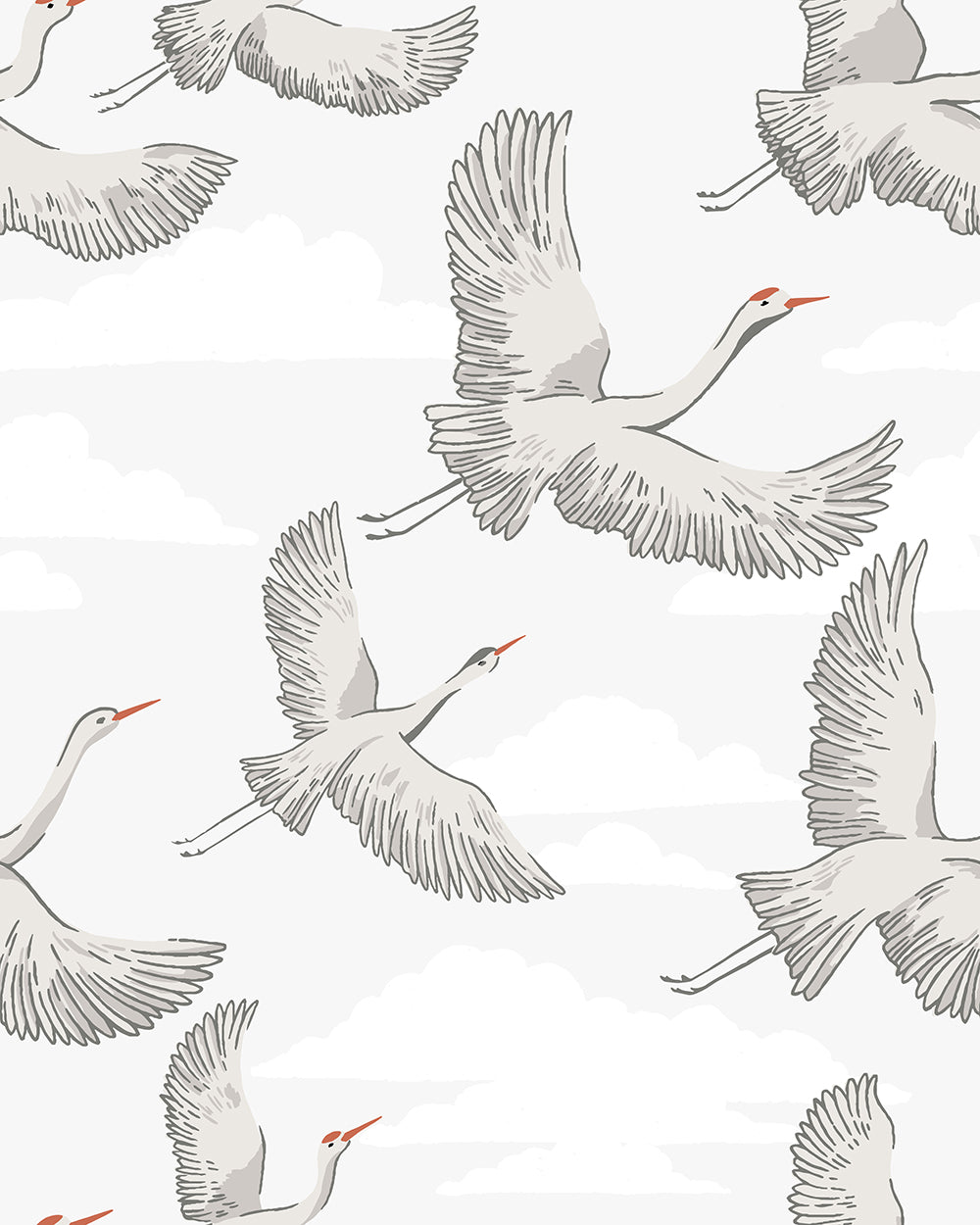 HaokHome Flying Crane Wallpaper with Clouds – Hand-Drawn White Herons on Light Gray Background for Home Office & Living Room