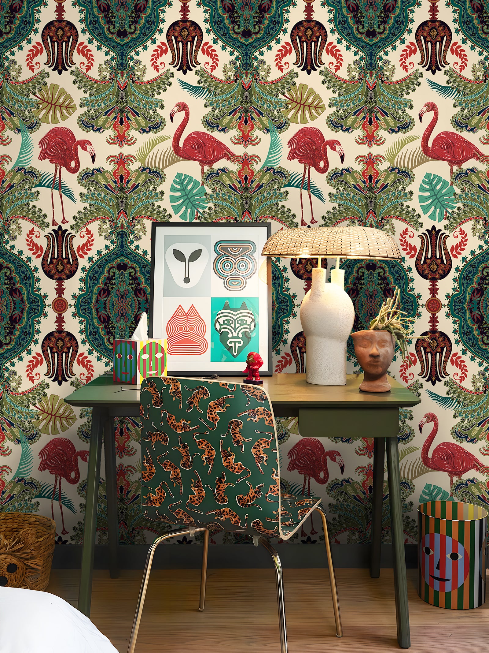 HaokHome Peel and Stick Wallpaper Boho Tropical Flamingo and Leaf Pattern Vintage Baroque Wall Mural Removable Vinyl Self Adhesive Wallpaper for Living Room Bedroom Accent Wall