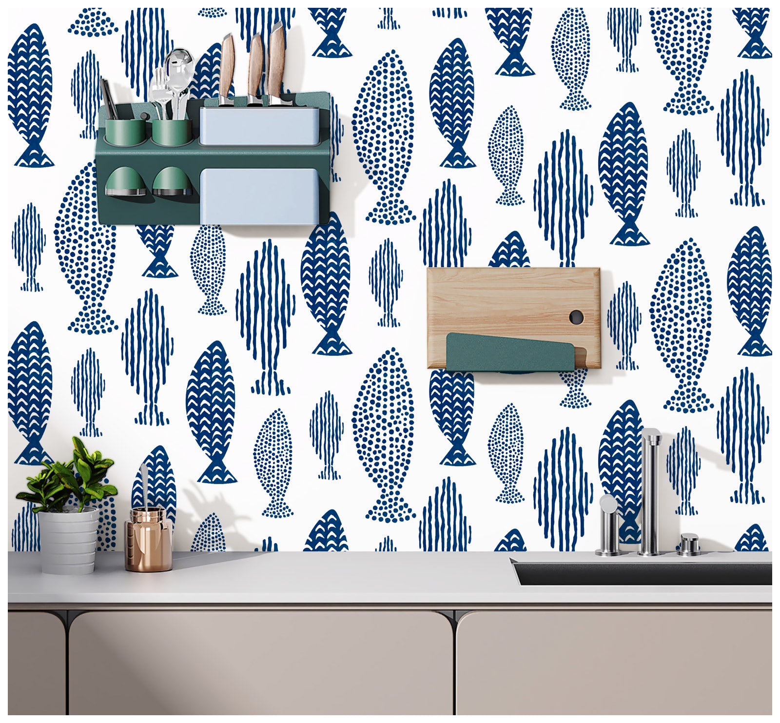 HaokHome Waterproof Wallpaper Peel and Stick Abstract Geometry Blue Fish Trellis Indigo Removable Contact Paper for Bathroom Kids Room Wall Decoration