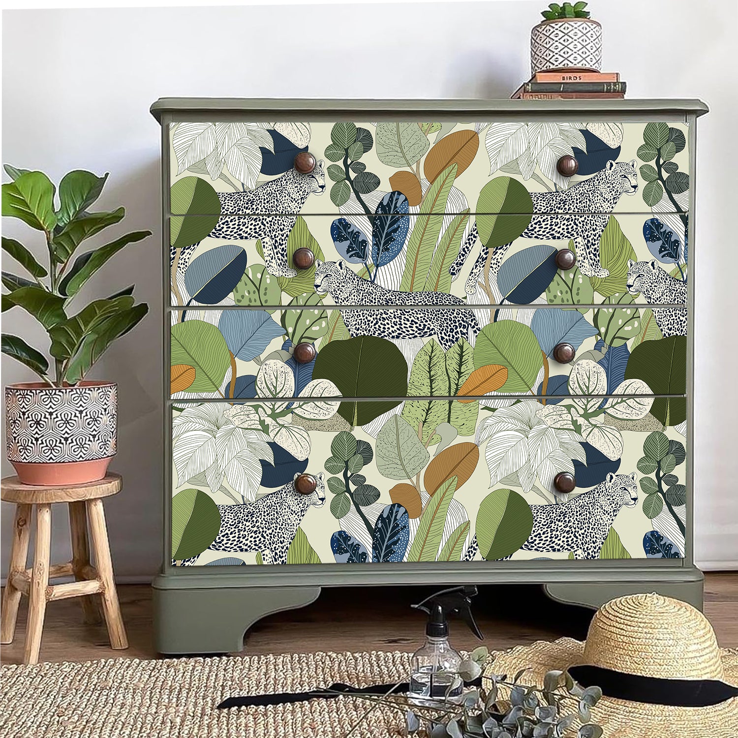 HaokHome Floral Peel and Stick Wallpaper Boho Leopard Tropical Botanical, Muted Color Leaf Removable Self Adhesive Vinyl Contact Paper for Living Room & Bedroom