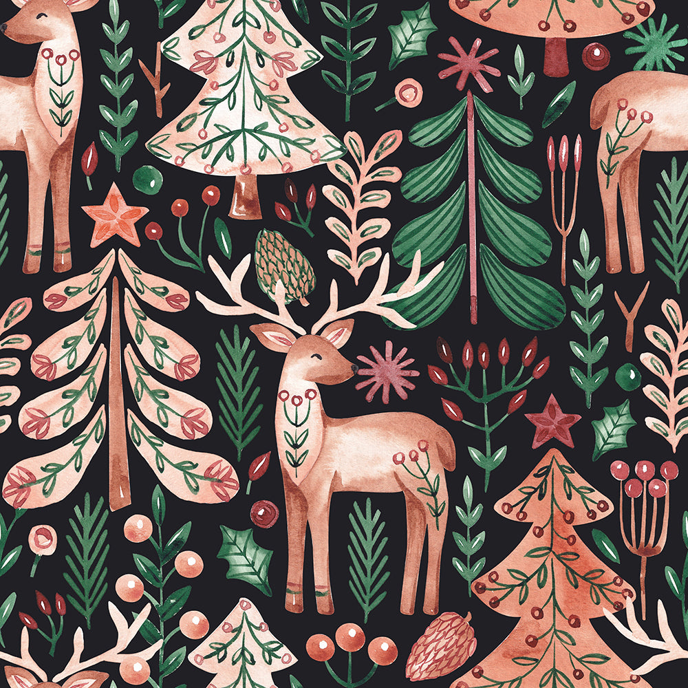 HaokHome Peel and Stick Wallpaper Christmas Woodland Deer and Tree Holiday Watercolor Removable Wallpaper