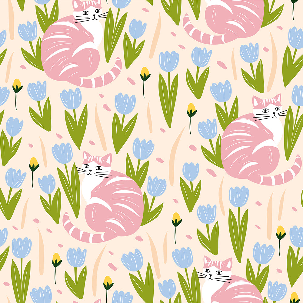 HaokHome Peel and Stick Wallpaper Pink Cat and Tulip Floral Spring Removable Wallpaper