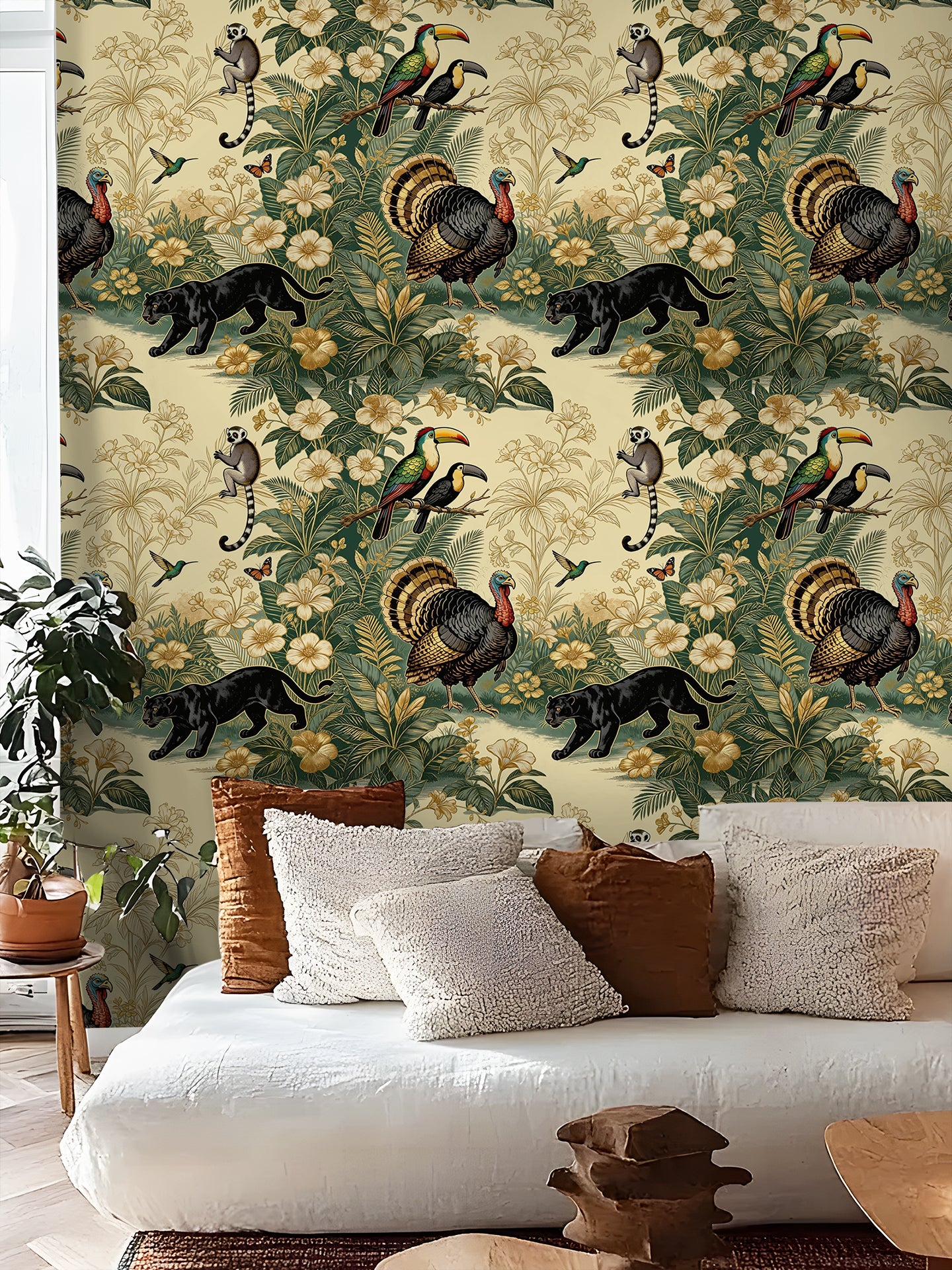 HaokHome Peel and Stick Wallpaper Vintage Tropical Jungle Animal Botanical Jaguar & Toucan Nature Style Removable Self Adhesive Wallpaper for Living Room & Bedroom