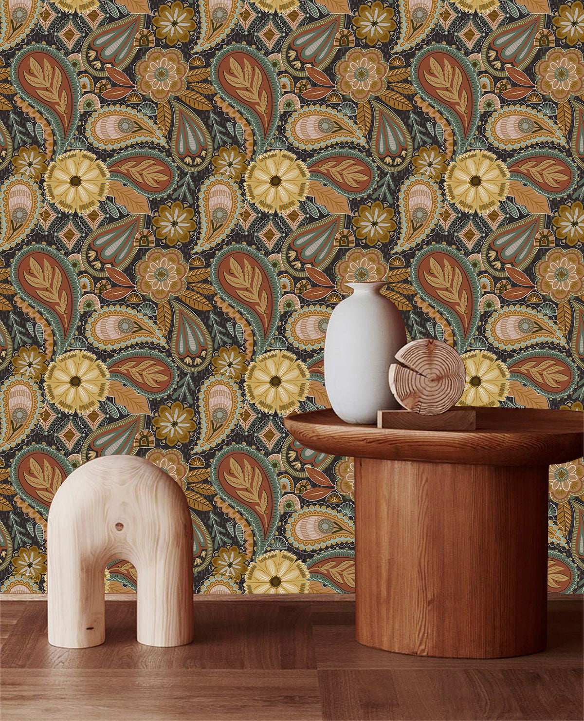 HaokHome Wallpaper Peel and Stick Floral Boho Brown/PeachPuff/Green Retro Wall Decor Bathroom Removable Mural