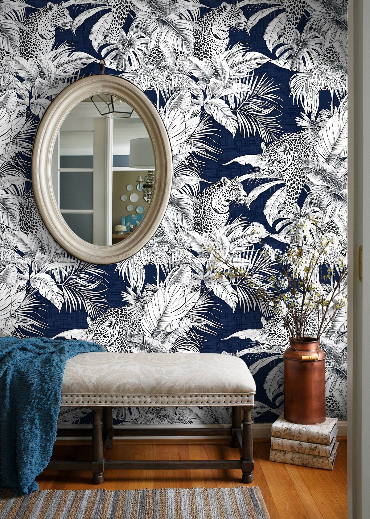 HaokHome Peel and Stick Wallpaper Tropical Leopard Navy Botanical Wall Mural Removable Self Adhesive Jungle Animal Wallpaper