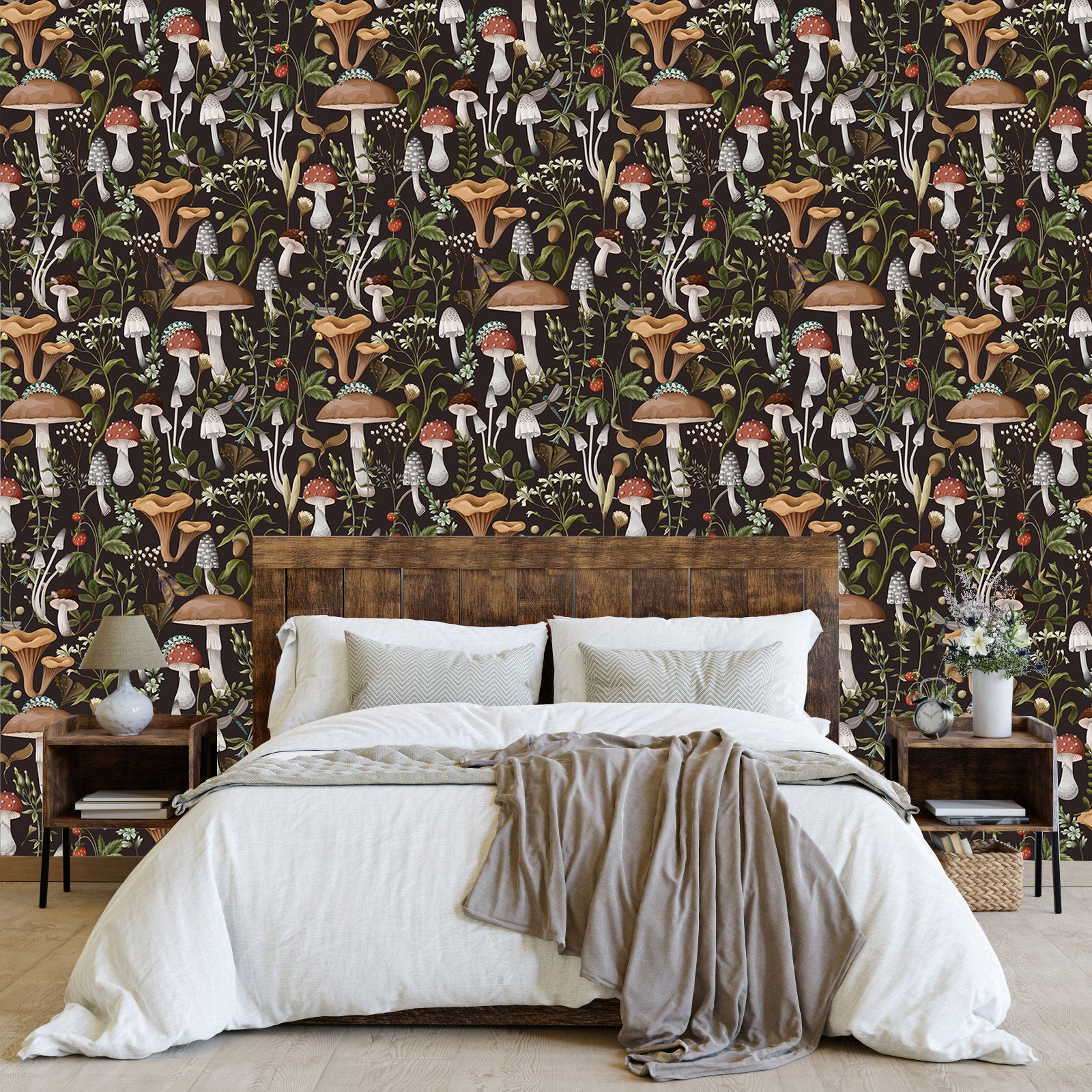 HaokHome 93279 Black/Brown Boho Mushroom Peel and Stick Wallpaper Removable Stick on Forest Contact Paper for Bedroom