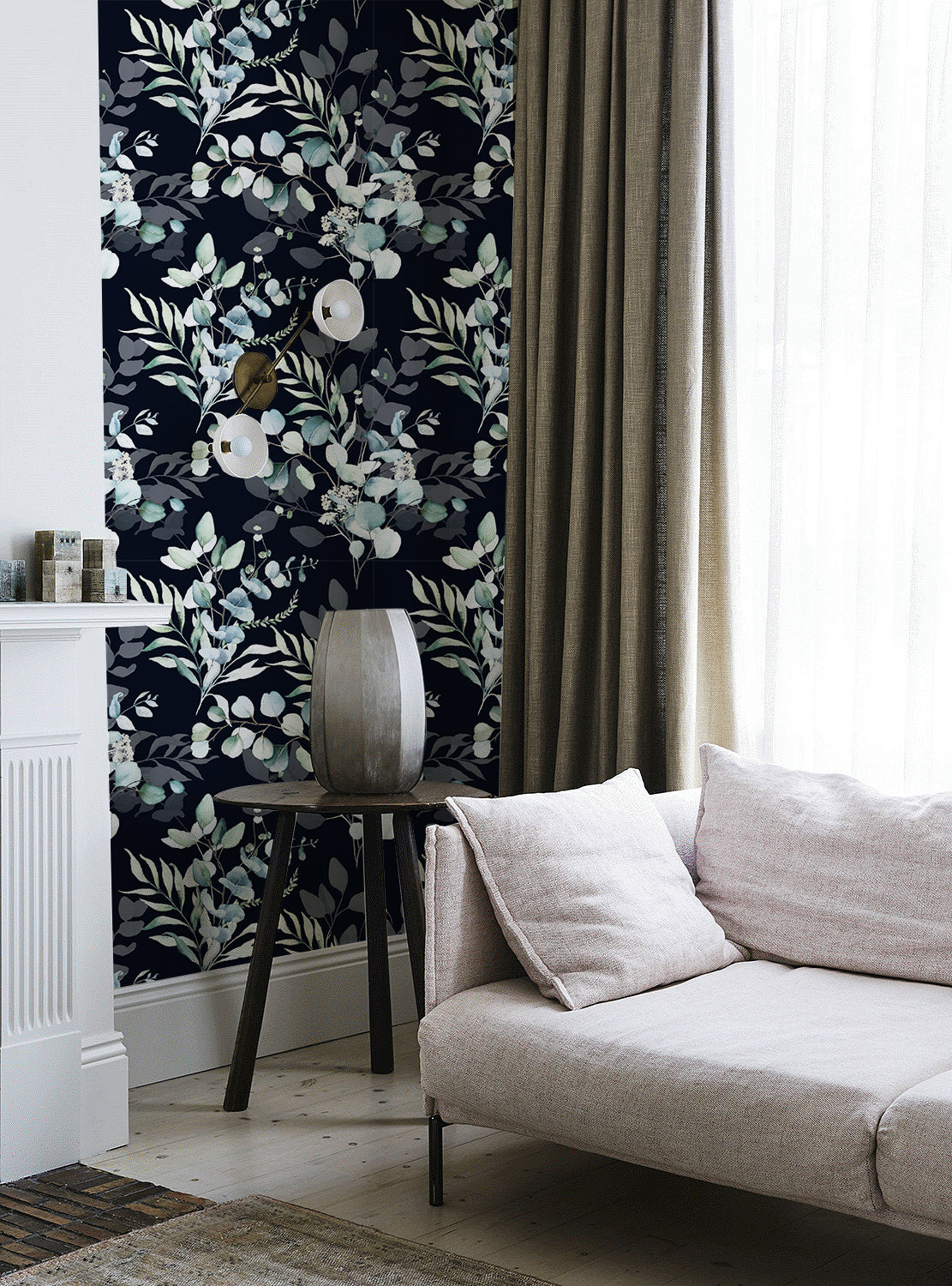 Black background eucalyptus peel and stick wallpaper living room, soft modern bohemian interior