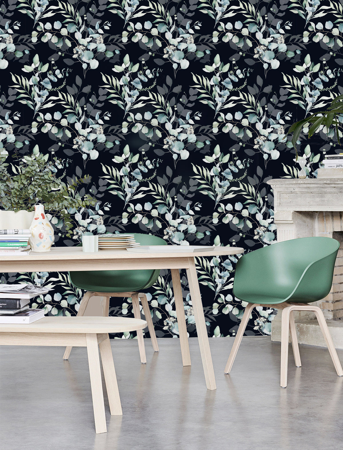 Black base watercolor eucalyptus botanical peel and stick wallpaper, muted dusty blue & sage leaf pattern dining room accent wall, modern farmhouse decor