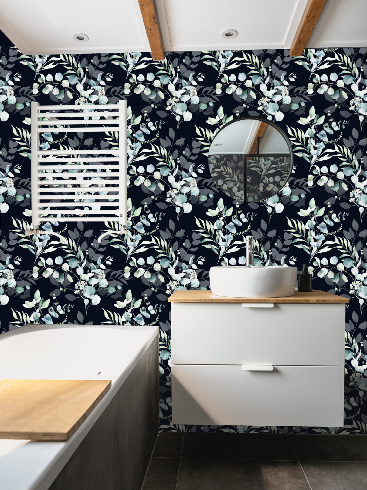 Black eucalyptus peel and stick wallpaper bathroom wall, moody watercolor leaf botanical bathroom makeover