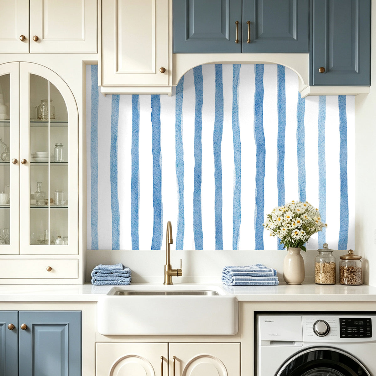 Blue horizontal stripe self-adhesive wallpaper, laundry room cabinet wall decor, water resistant peel and stick wall covering
