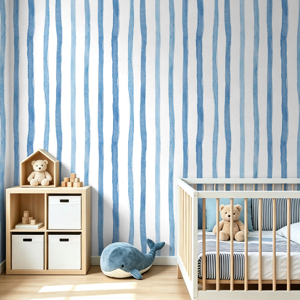 Blue vertical watercolor stripe peel and stick wallpaper, nursery accent wall decor, safe removable wall paper for baby room makeover
