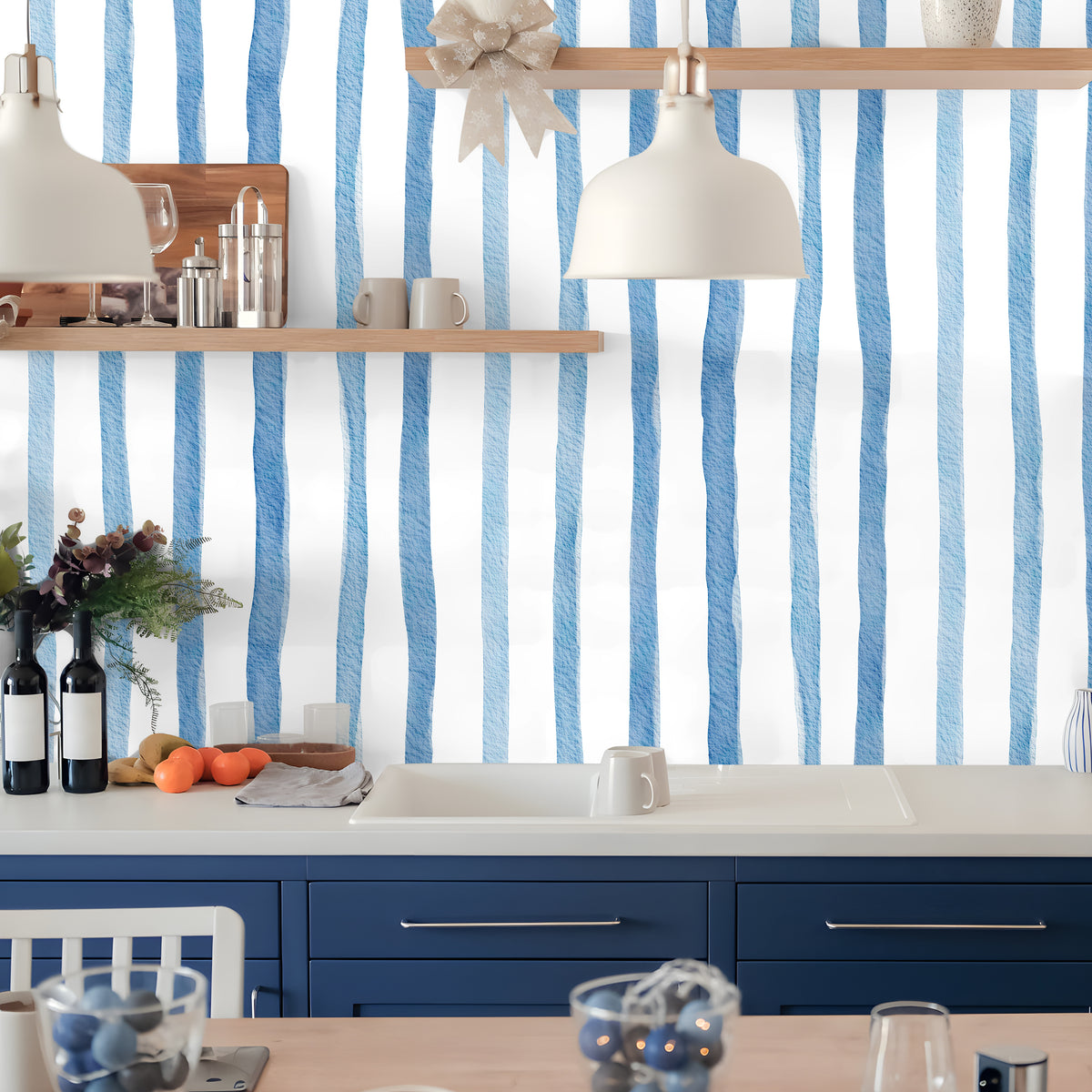 Blue watercolor vertical stripe peel and stick wallpaper, farmhouse kitchen wall decor, removable self-adhesive wall covering for home renovation
