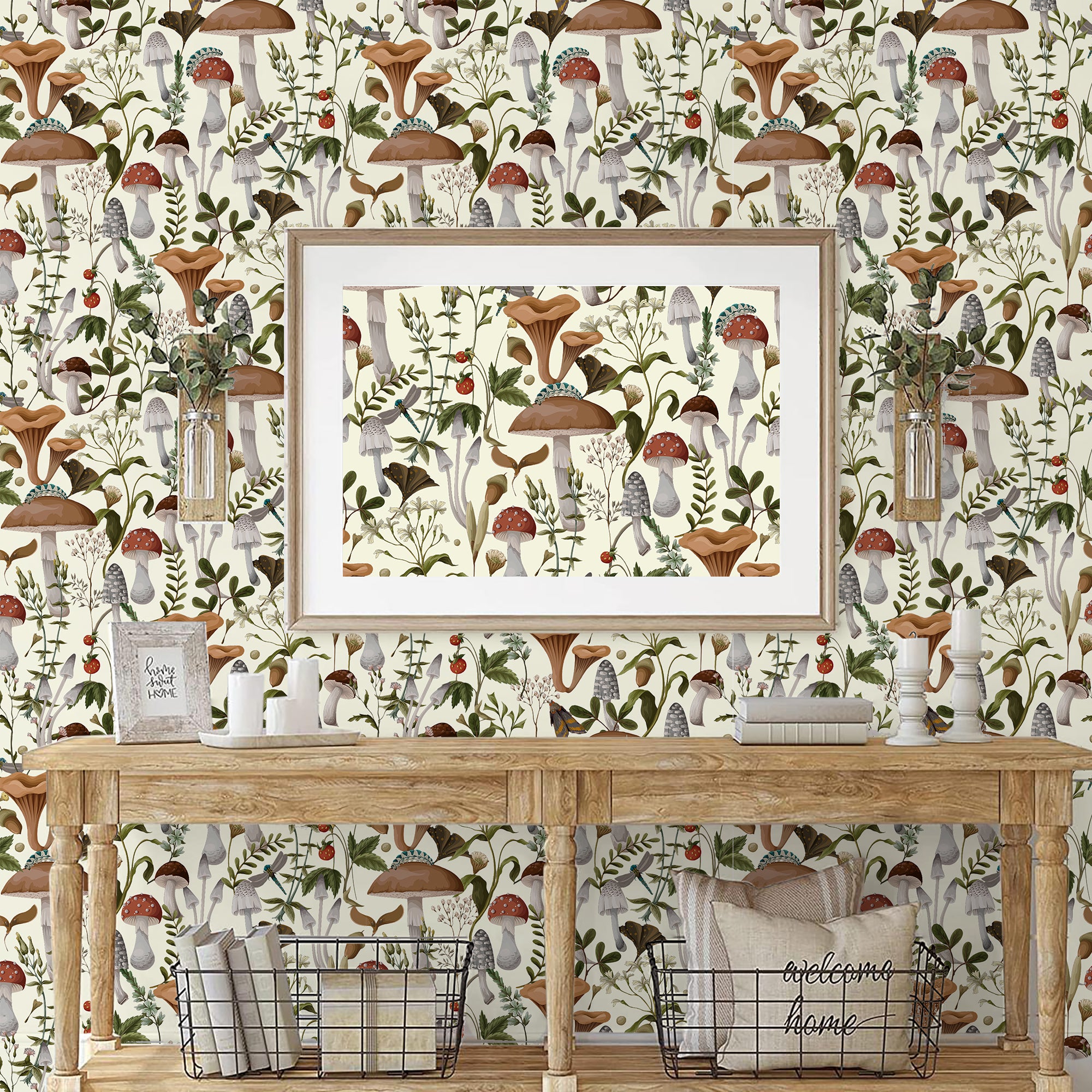 HaokHome 93279-2 Boho Beige Mushroom Peel and Stick Wallpaper Forest Removable Stick on Contact Paper for Kitchen Bathroom