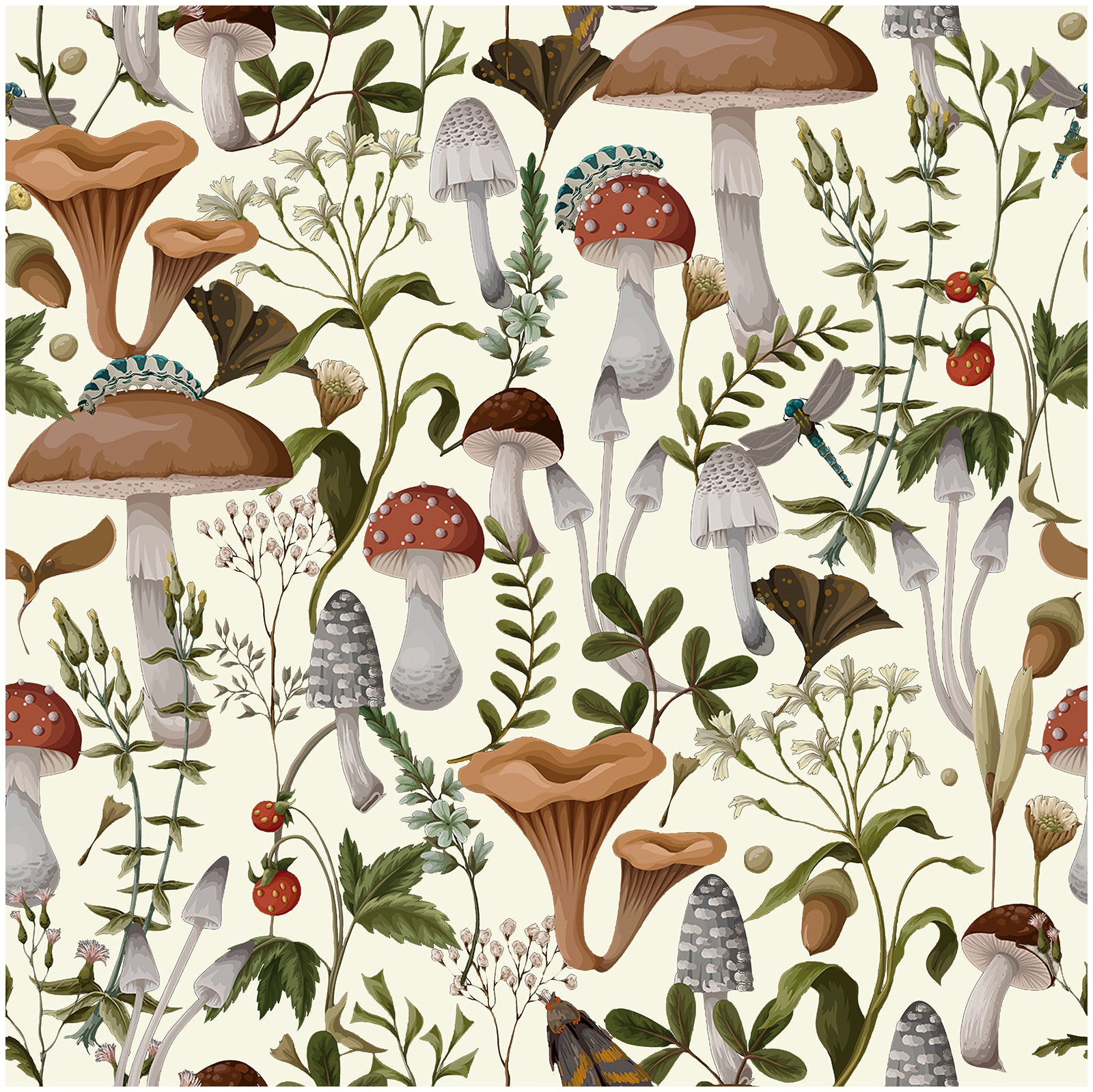 Botanical Mushroom Wallpaper with Forest Plants and Dragonflies – HaokHome