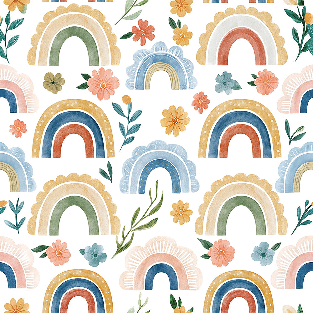 Boho Rainbow Floral Peel and Stick Wallpaper – Watercolor Neutral Nursery Print