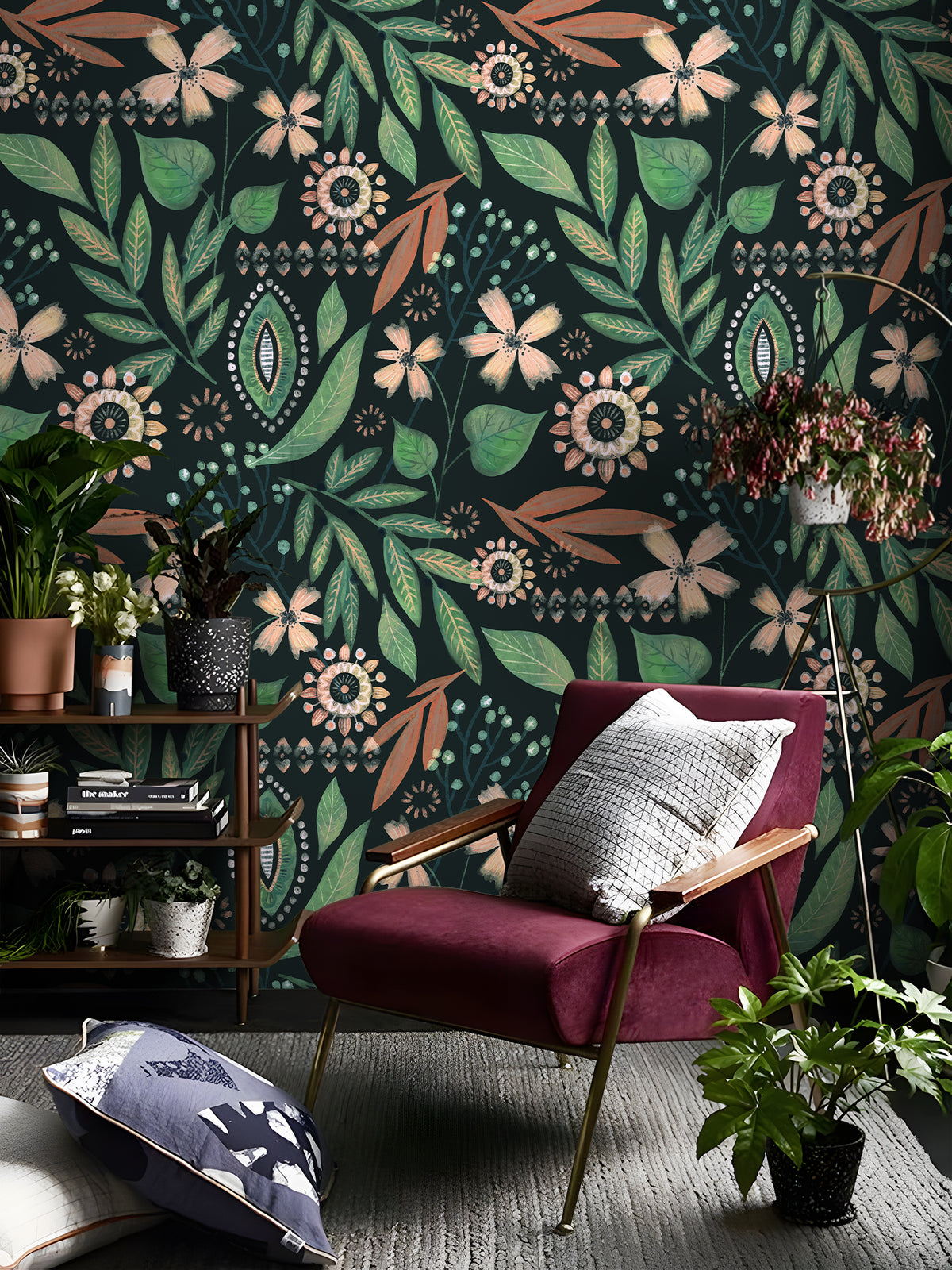 Botanical peel and stick wallpaper reading nook accent wall, moody cottagecore home decor