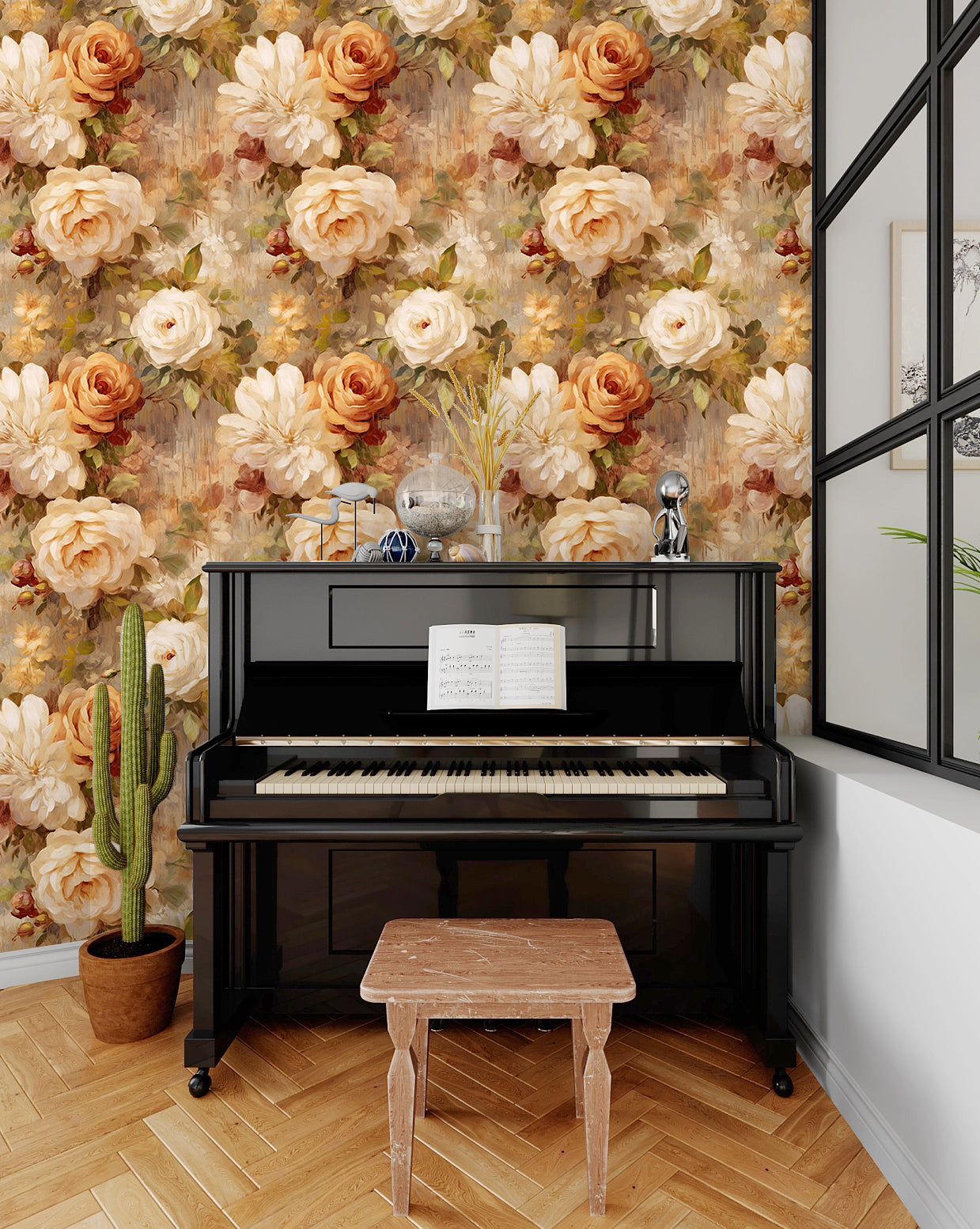 HaokHome Wallpaper Peel and Stick Rose Floral Watercolor Wall Decor in Cream, Beige & Orange Removable Mural