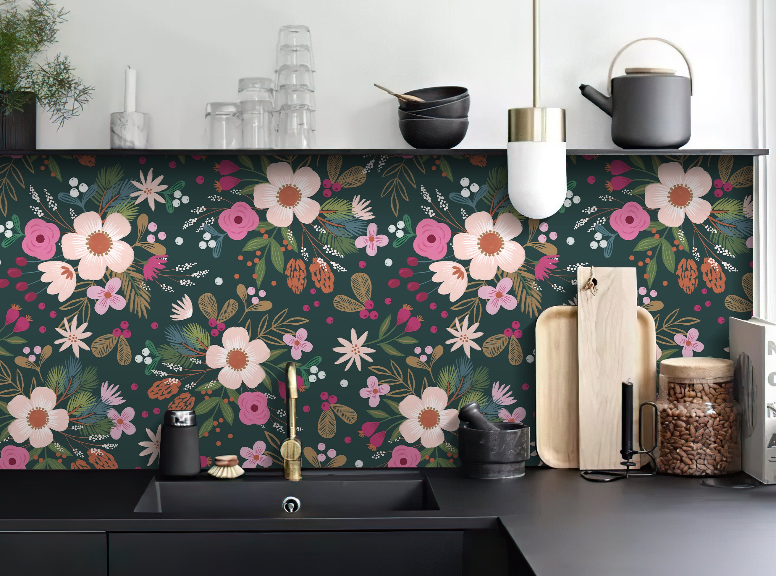 Deep Teal Winter Floral Wallpaper – Warm Soft Blossom Botanical Print