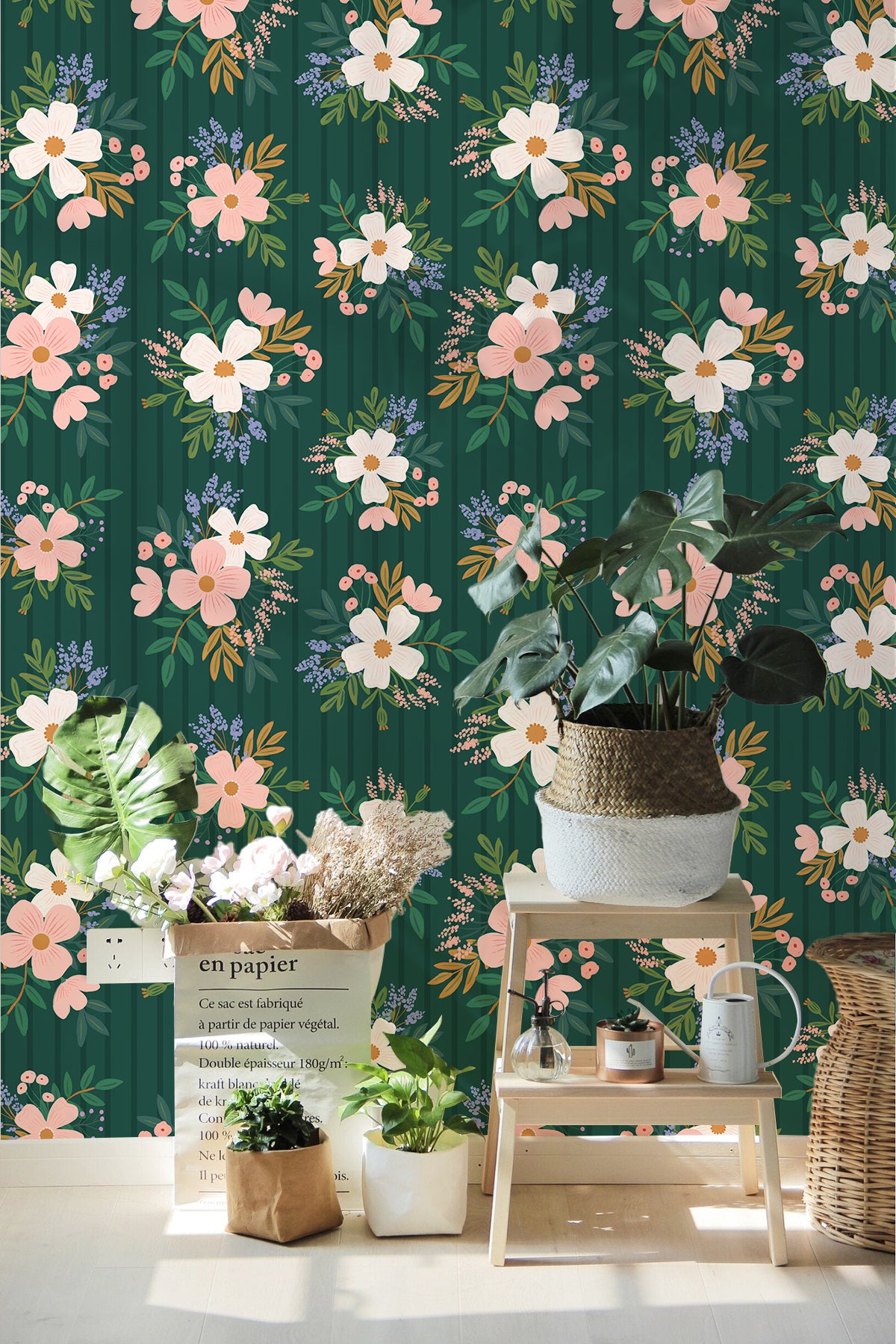 HaokHome Wallpaper Peel and Stick Botanical Floral Green/Pink/White Rustic Wall Decor Removable Mural for Bedroom & Living Room