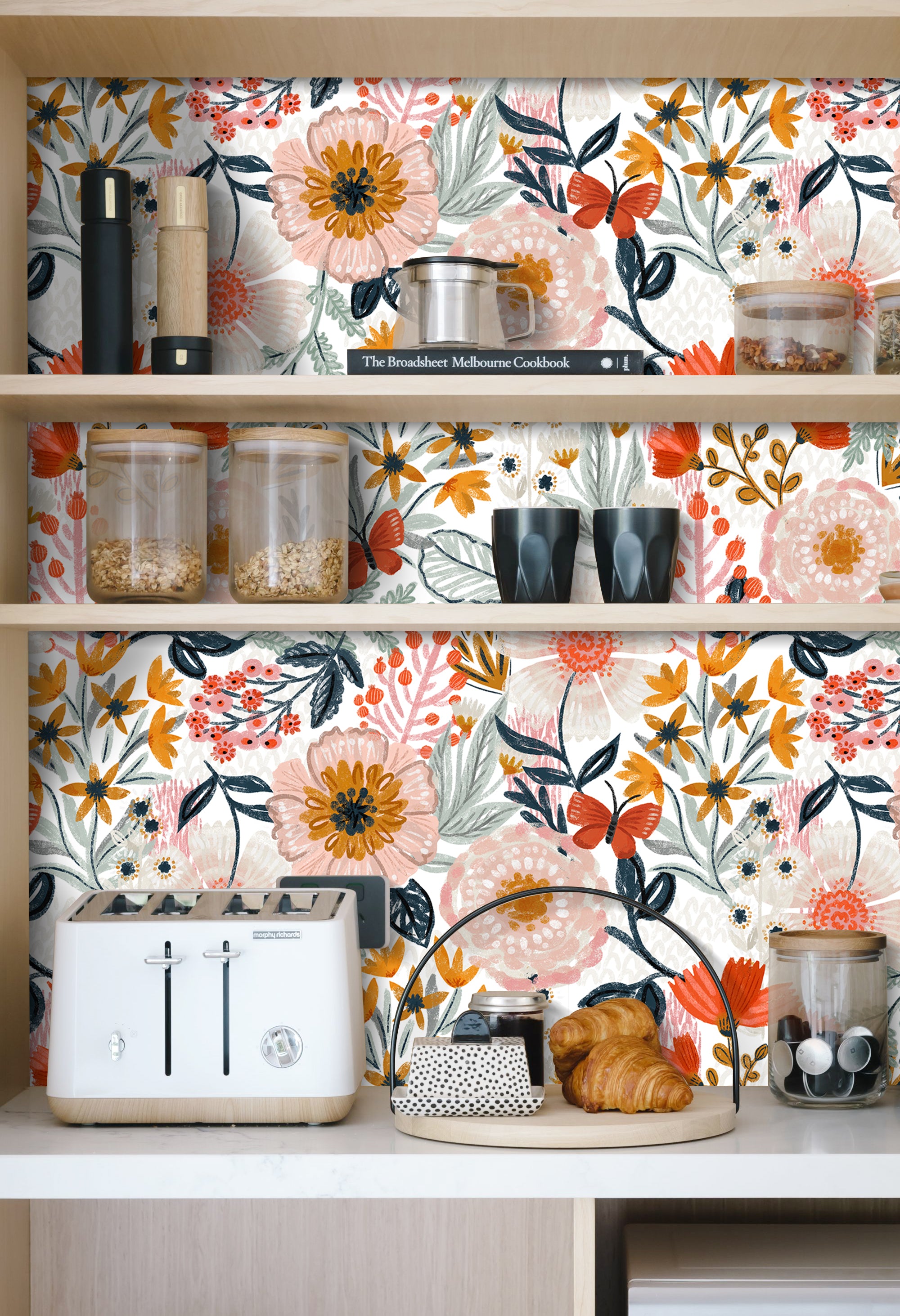 HaokHome Wallpaper Peel and Stick Wildflower White/Orange/Yellow Floral with Butterflies Removable Mural