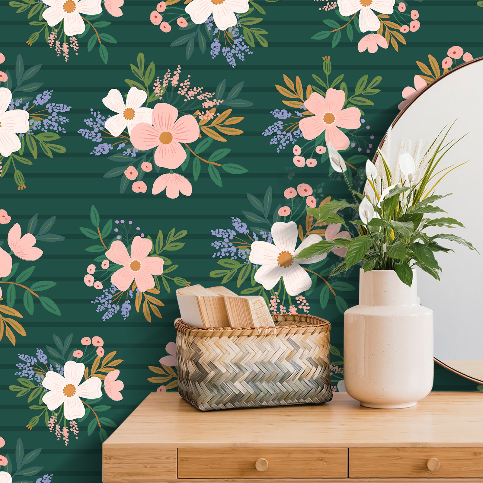 HaokHome Wallpaper Peel and Stick Botanical Floral Green/Pink/White Rustic Wall Decor Removable Mural for Bedroom & Living Room