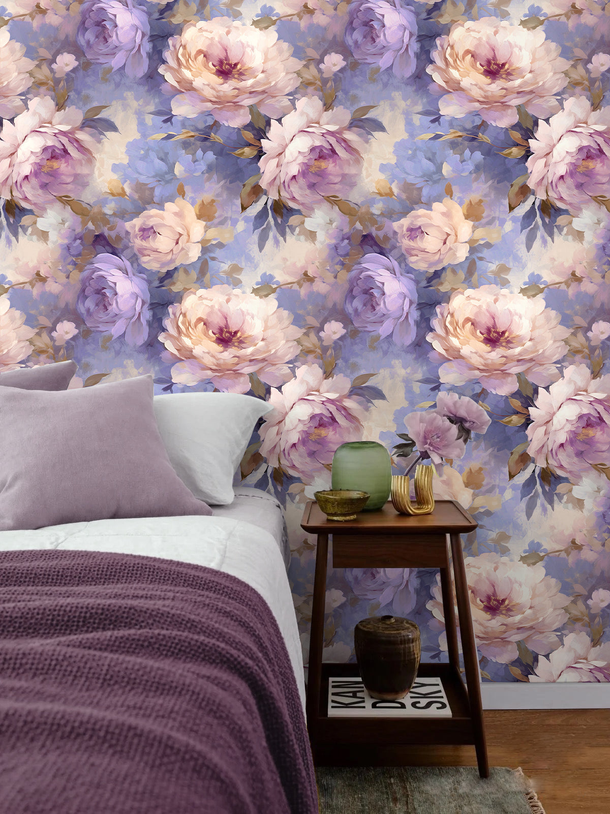 HaokHome Wallpaper Peel and Stick Peony Floral Watercolor Wall Decor in Soft Pink, Purple & Gold Removable Mural