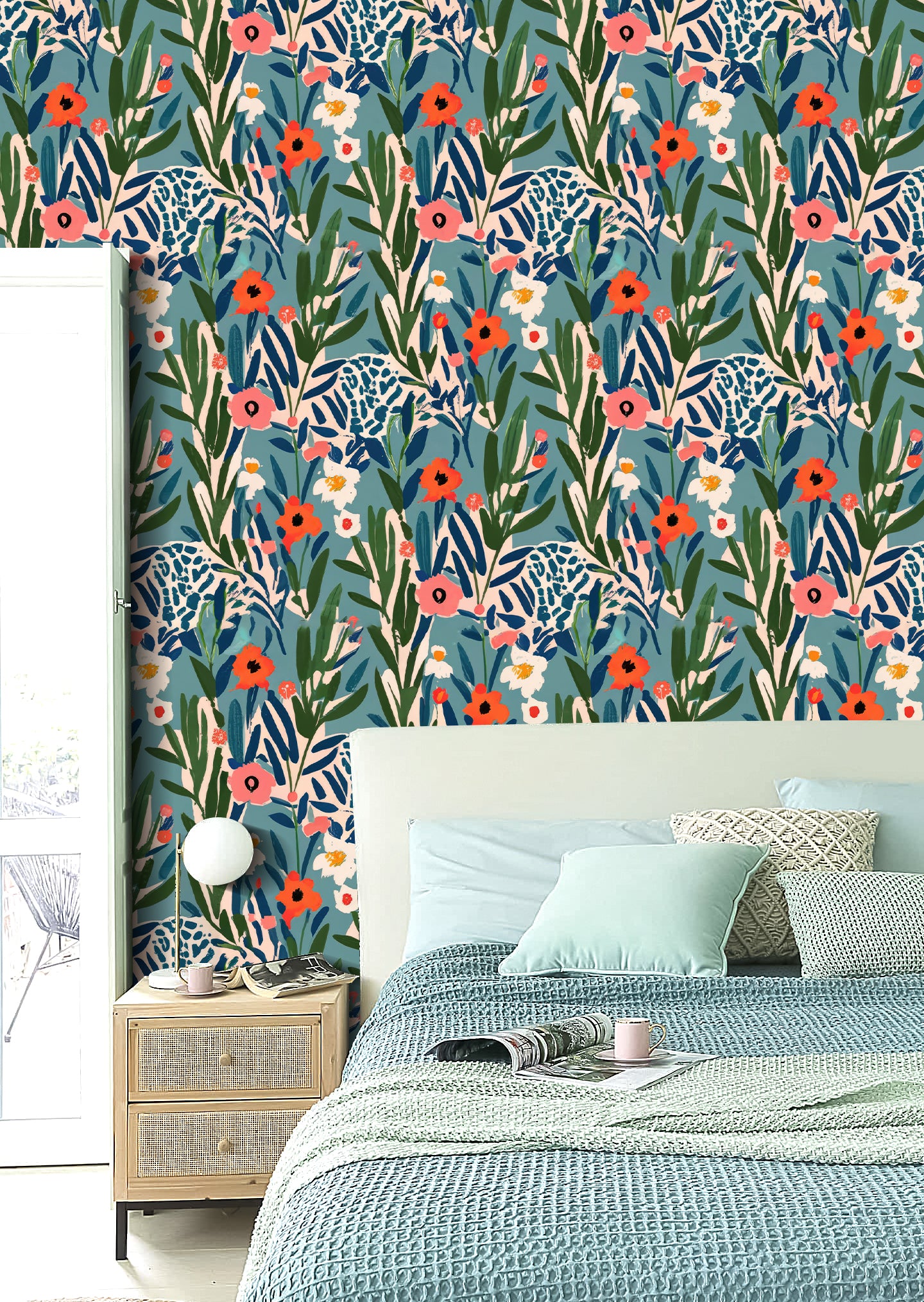 HaokHome Wallpaper Peel and Stick Floral Blue/Red/Green Abstract Wall Decor Removable Mural