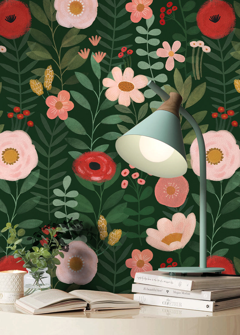 HaokHome Wallpaper Peel and Stick Floral Green/Pink/Red Botanical Wall Decor Removable Mural