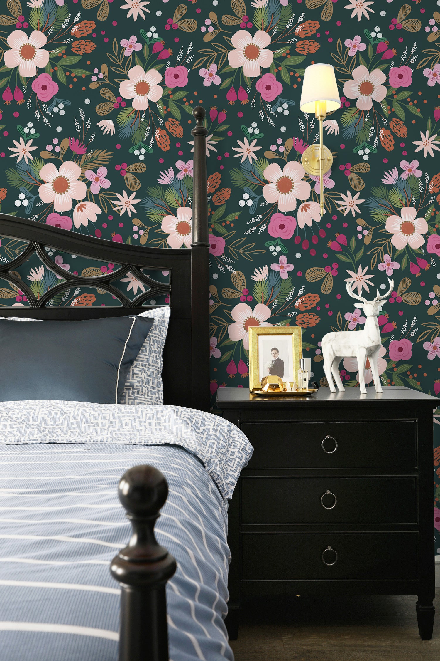 Deep Teal Winter Floral Wallpaper – Warm Soft Blossom Botanical Print
