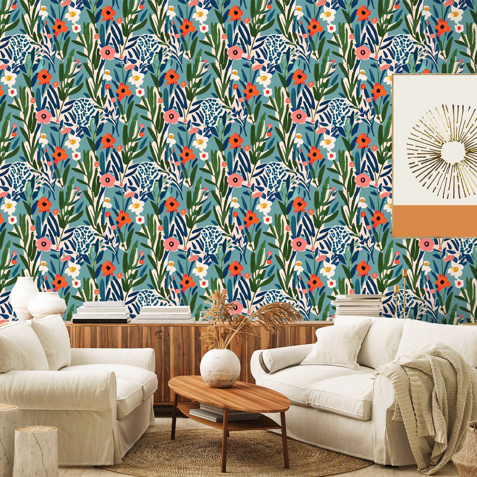 HaokHome Wallpaper Peel and Stick Floral Blue/Red/Green Abstract Wall Decor Removable Mural